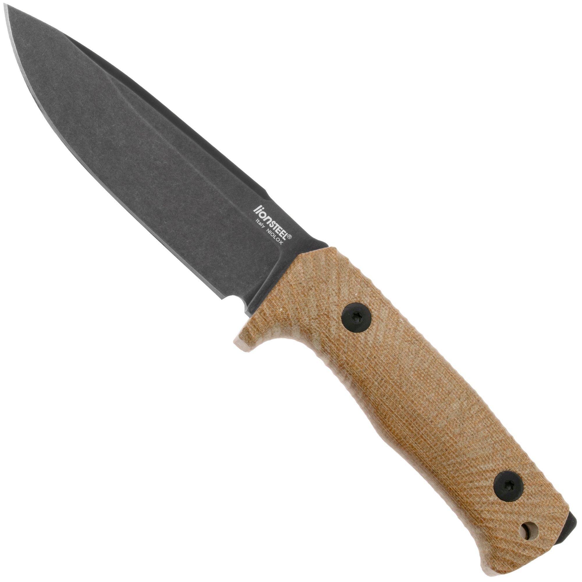 LionSteel T5B-CVN Blackwashed Niolox, Natural Canvas Micarta, couteau fixe