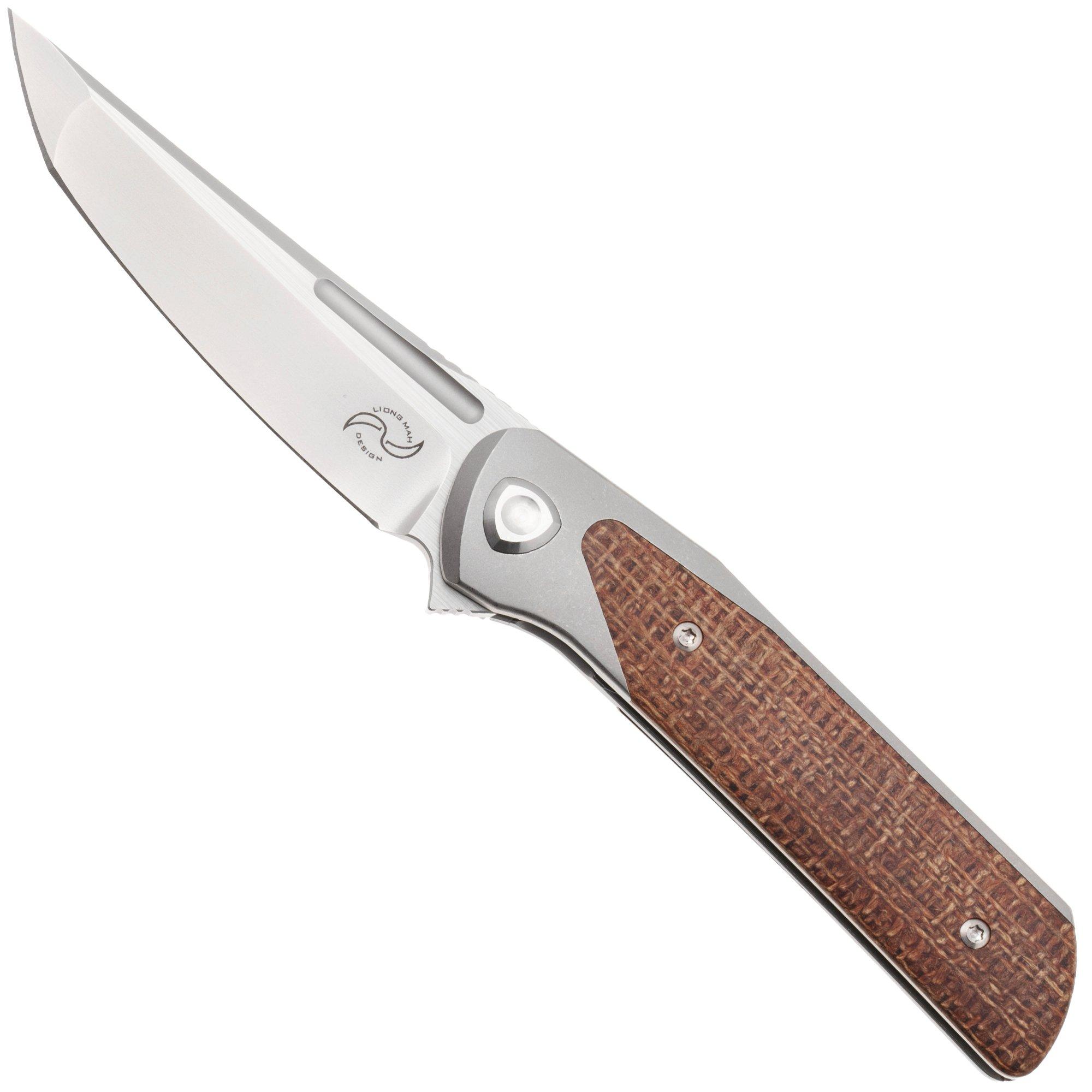 Liong Mah Warrior 3 Bead Blasted Böhler M390, Titanium Brown Burlap Micarta Inlay, pocket knife