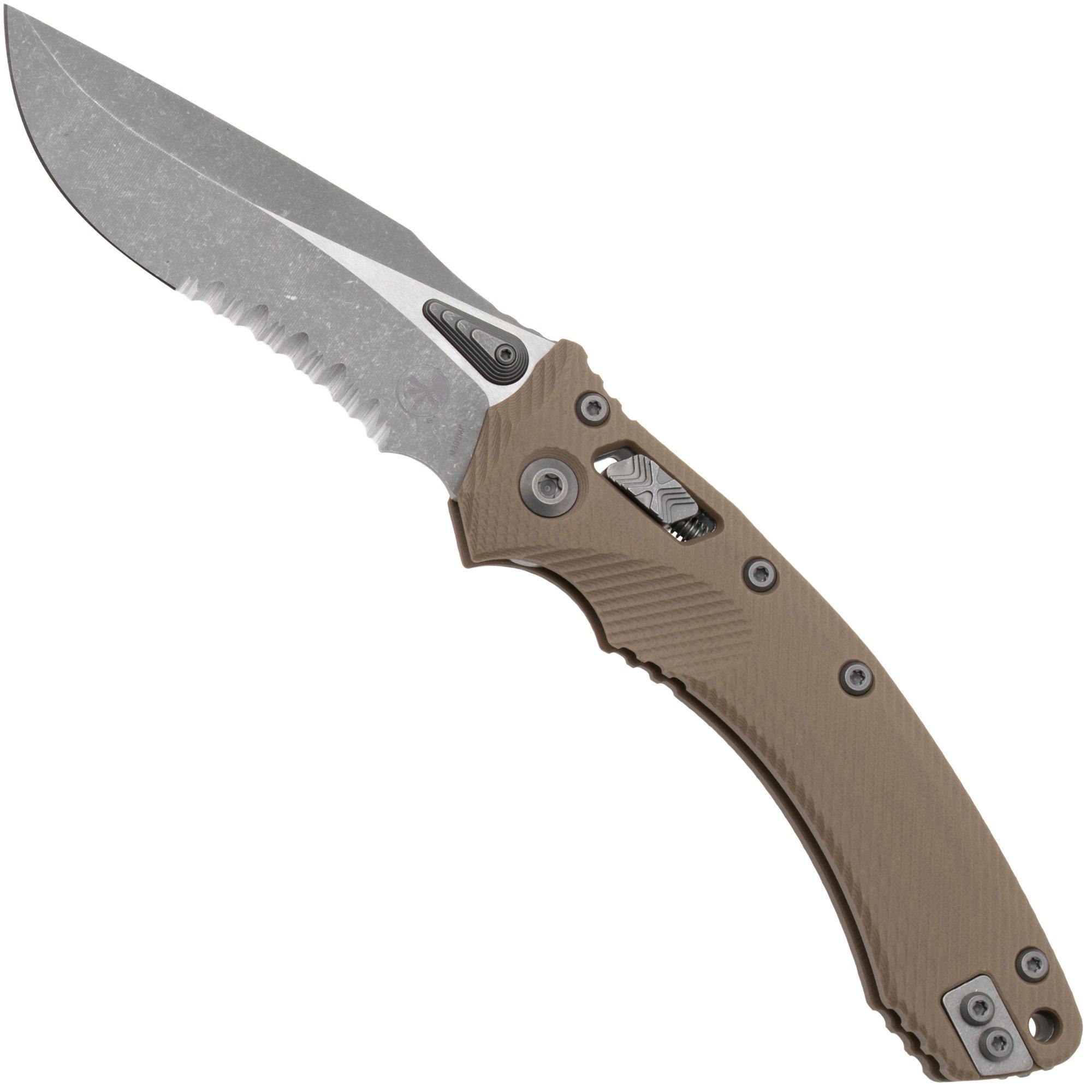 Microtech Amphibian 137RL-11APFLGTTA, Apocalyptic Stonewashed M390MK, Fluted Tan G10, partially serrated pocket knife