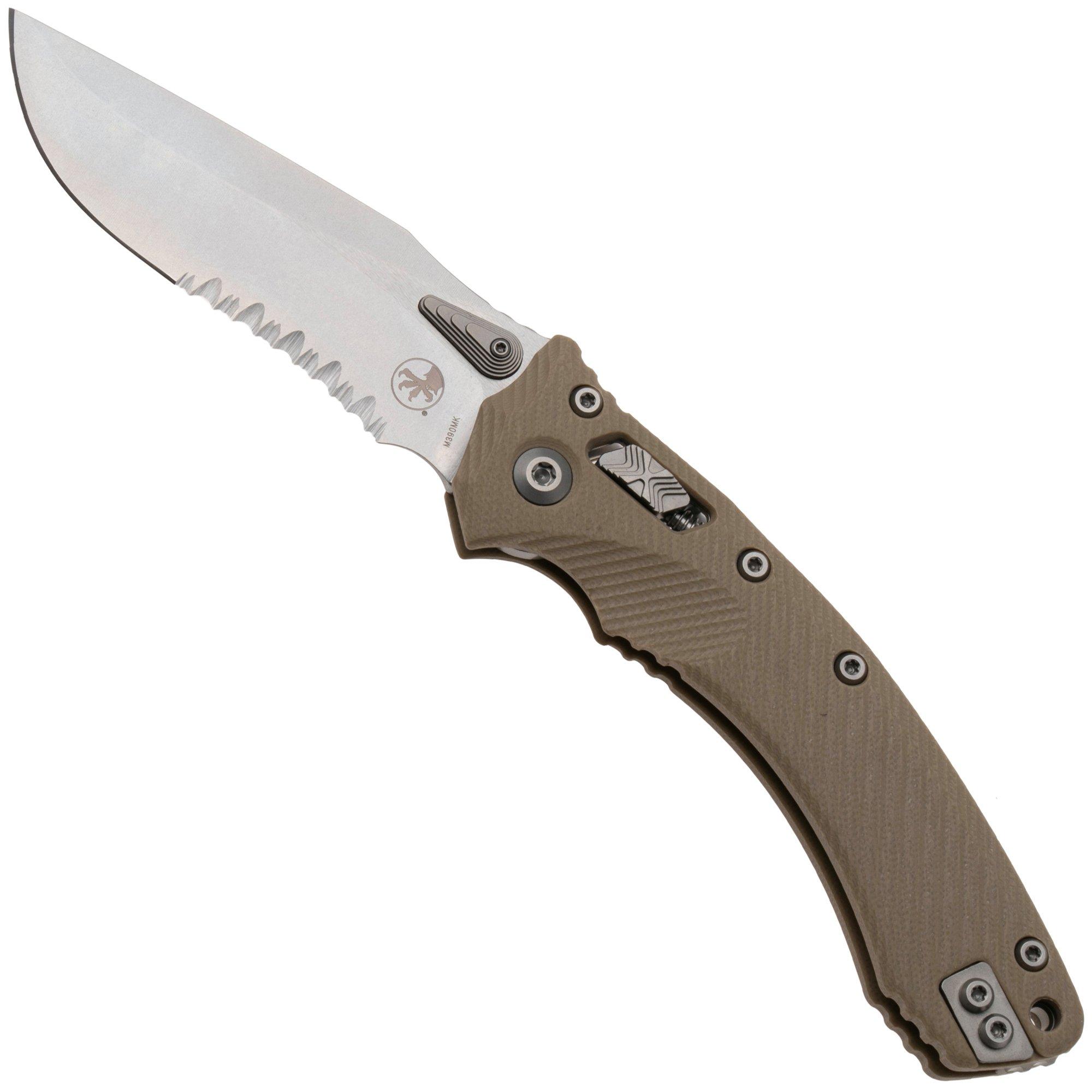Microtech Amphibian 137RL-11FLGTTA, Stonewashed M390MK, Fluted Tan G10, partial serrated pocket knife