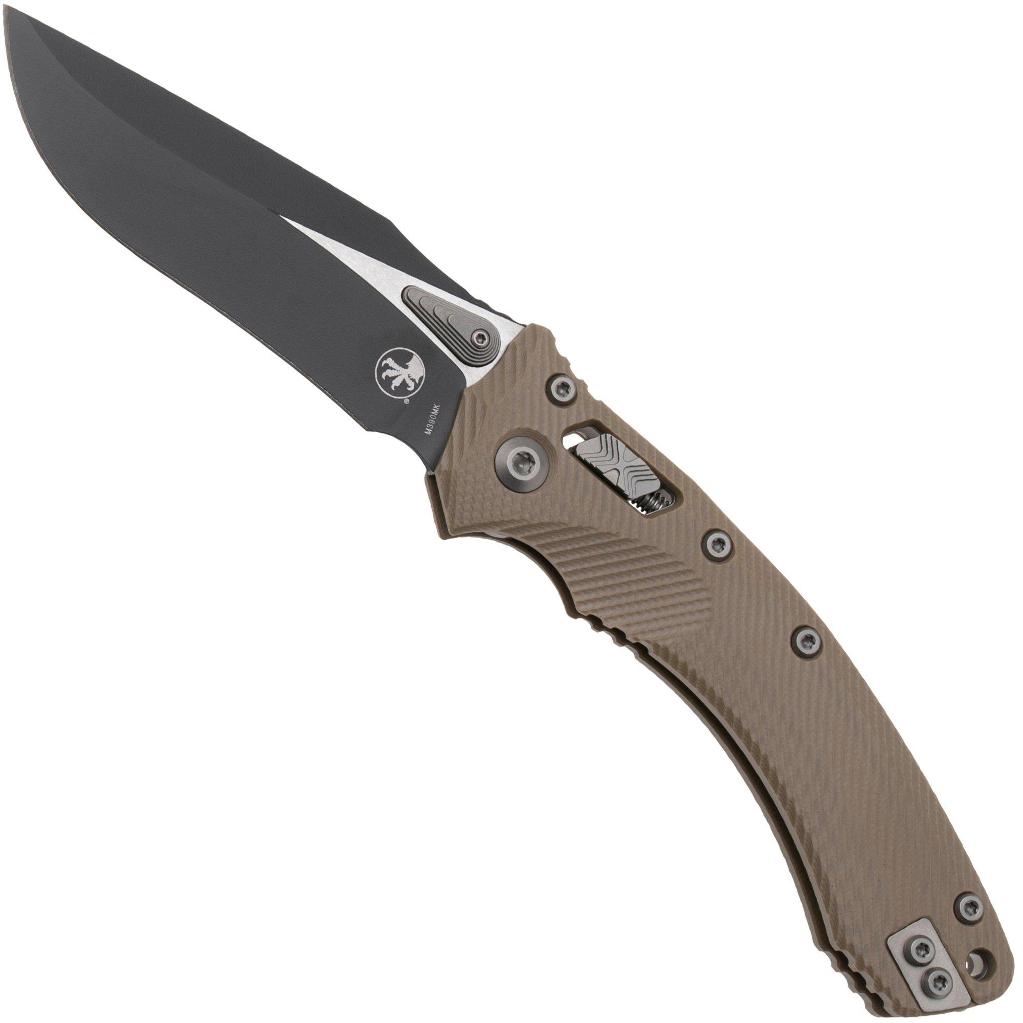 Microtech Amphibian 137RL-1FLGTTA, Two Tone Black M390MK, Fluted Tan G-10 zakmes