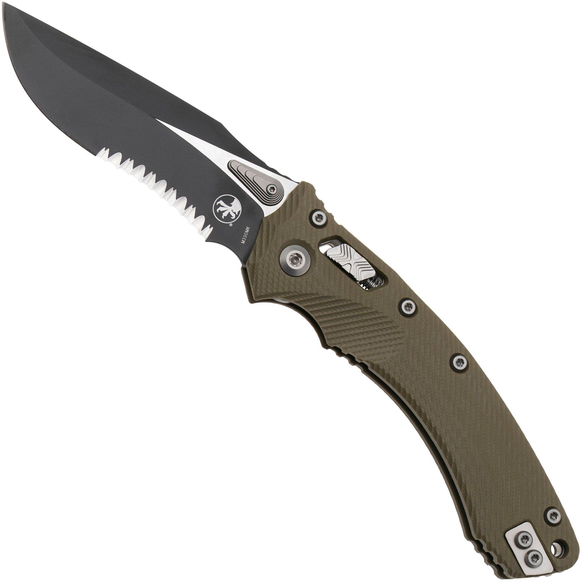 Microtech Amphibian 137RL-2FLGTOD, Two Tone Black M390MK, Fluted OD-Green G-10, partially serrated pocket knife