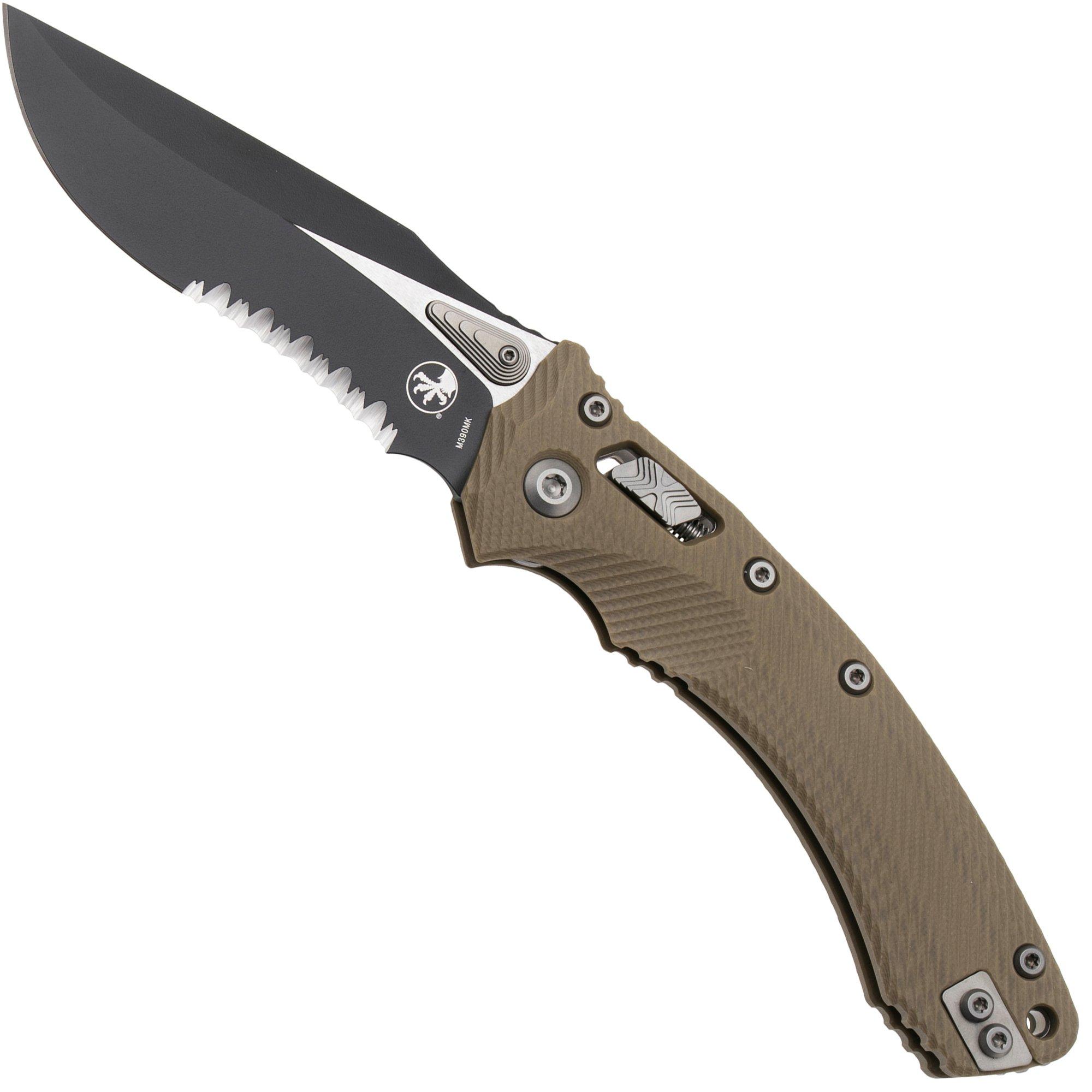 Microtech Amphibian 137RL-2FLGTTA, Two Tone Black M390MK, Fluted Tan G-10, partially serrated pocket knife