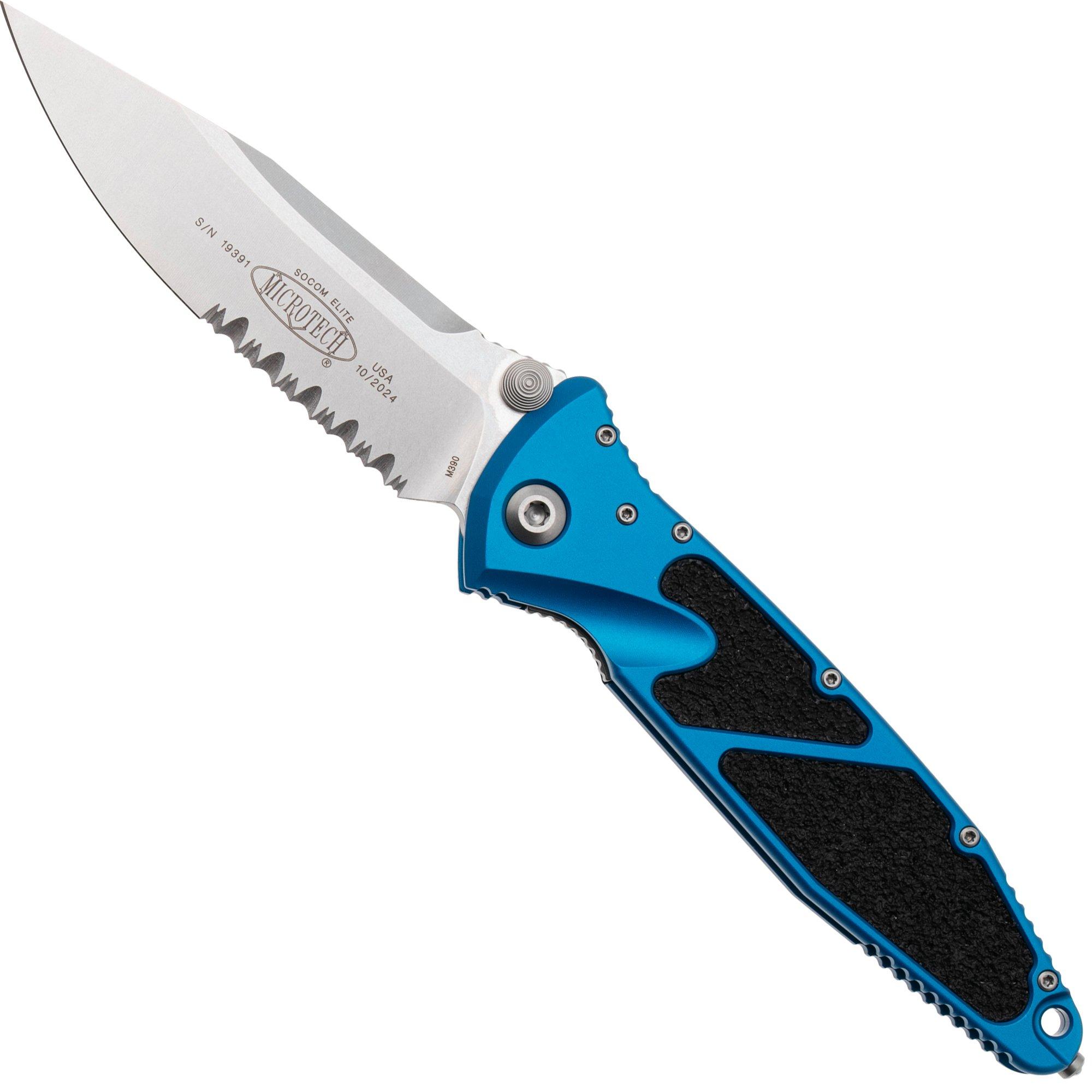 Microtech Socom Elite 160-11BL, Stonewashed M390 Clippoint, Blue Aluminum, partially serrated pocket knife