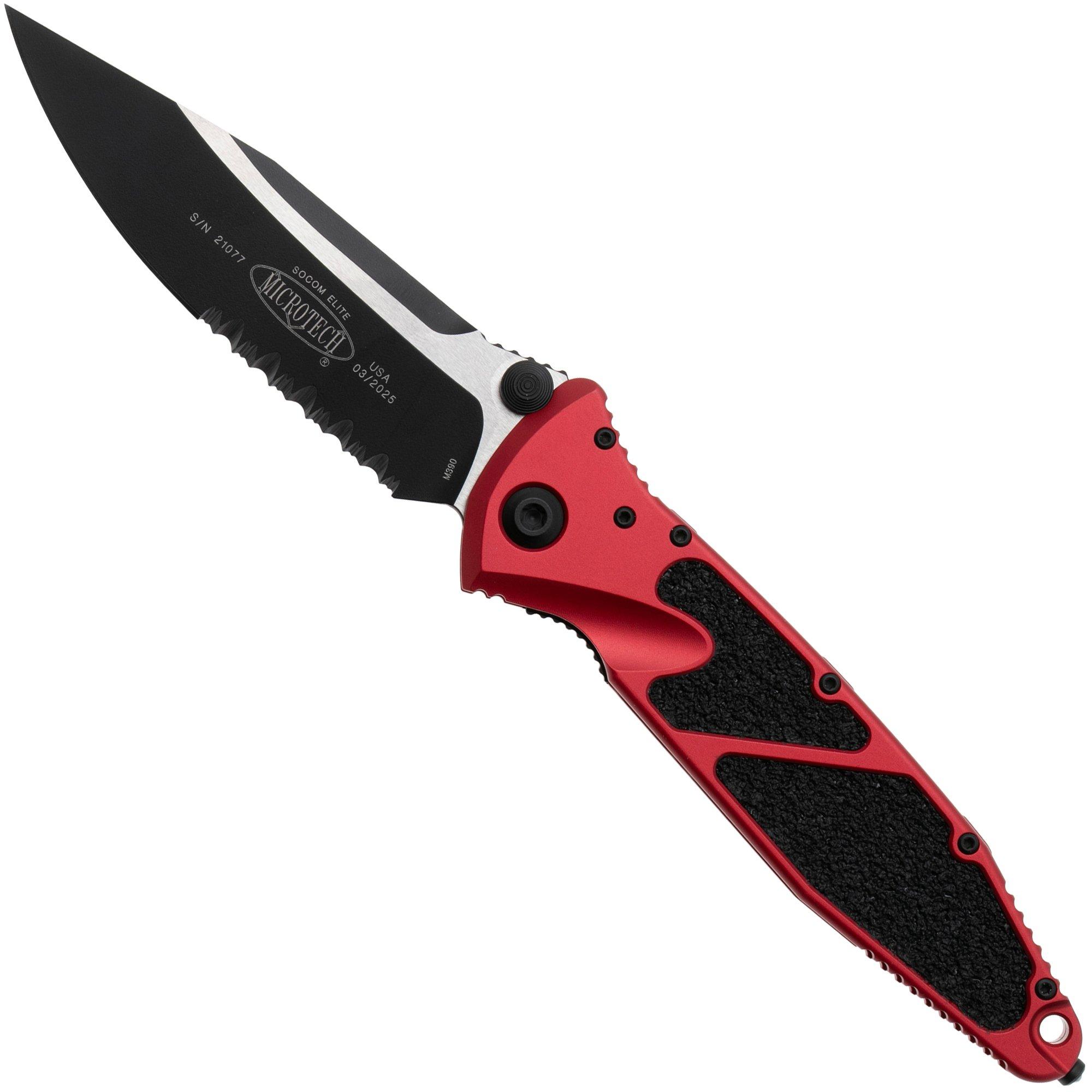 Microtech Socom Elite 160-2RD, Two Tone Black M390 Clippoint, Red Aluminum, partly serrated zakmes