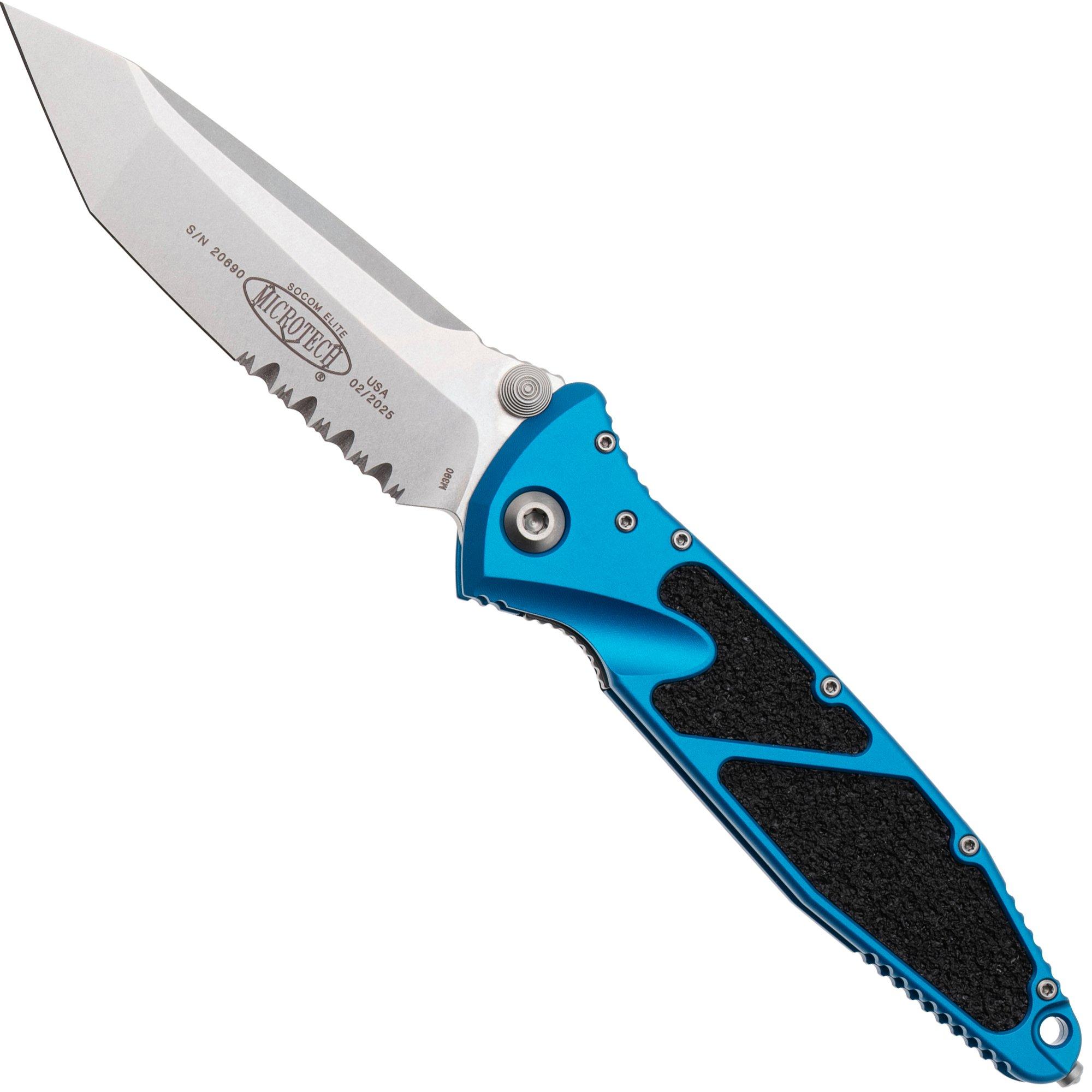 Microtech Socom Elite 161-11BL, Stonewashed M390 Tanto, Blue Aluminum partially serrated pocket knife