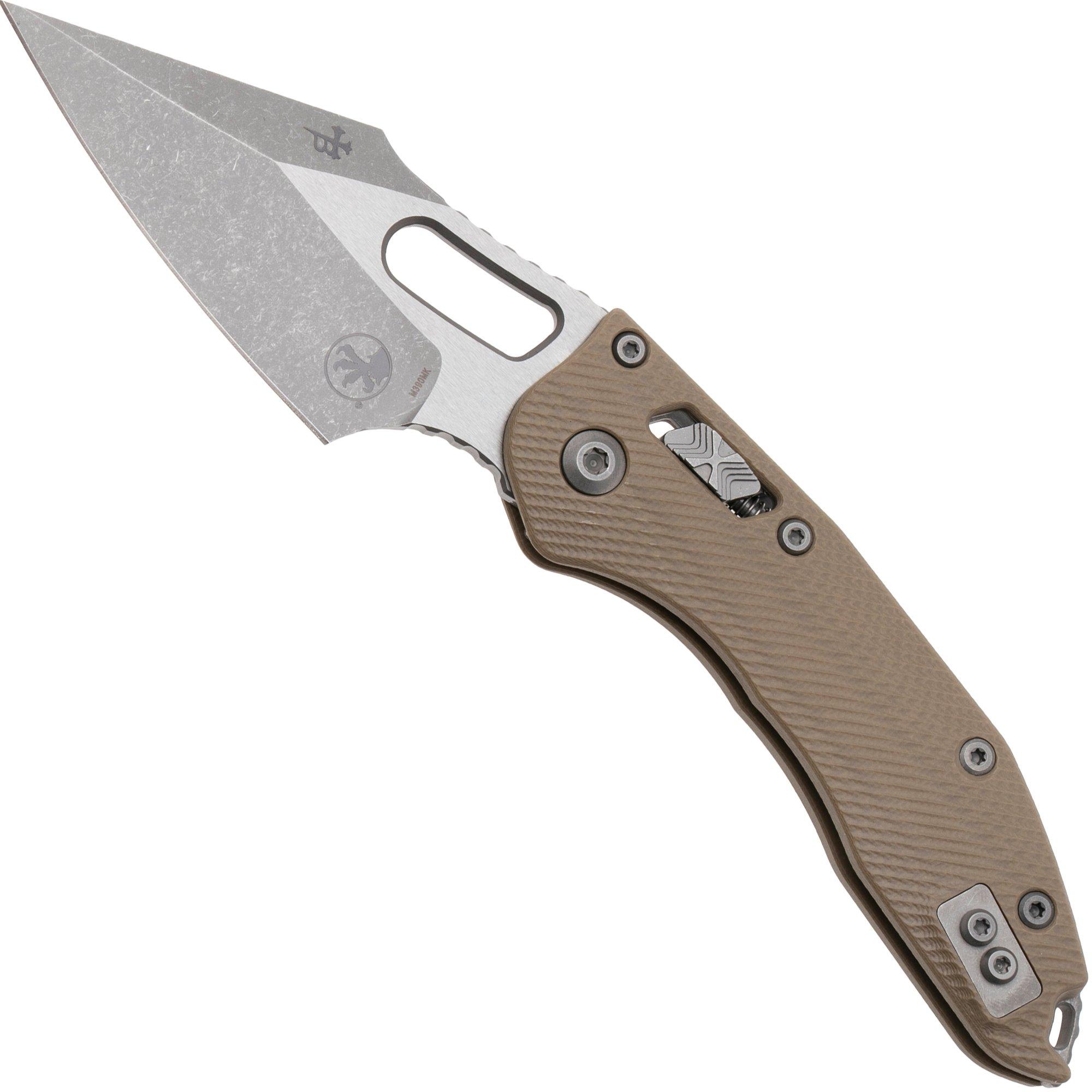 Microtech Stitch 169RL-10APFLGTTA, Apocalyptic Stonewashed M390MK, Fluted Tan G-10 pocket knife, Borka Blades design