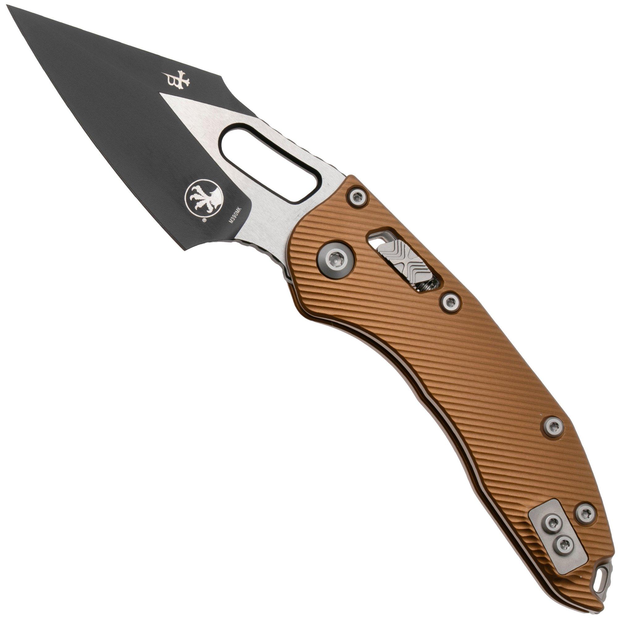 Microtech Stitch 169RL-1FLTA, Black Two Tone M390MK, Fluted Tan Aluminum pocket knife, Borka Blades design