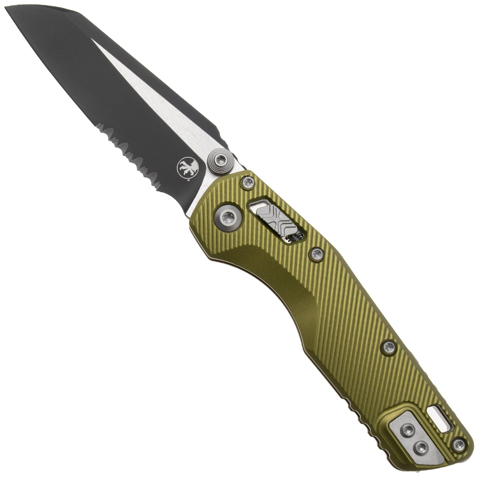 Microtech MSI Standard Issue Mini 210M-2FLOD, Two Tone Black M390MK, Fluted OD Green Aluminium, deels gekarteld zakmes