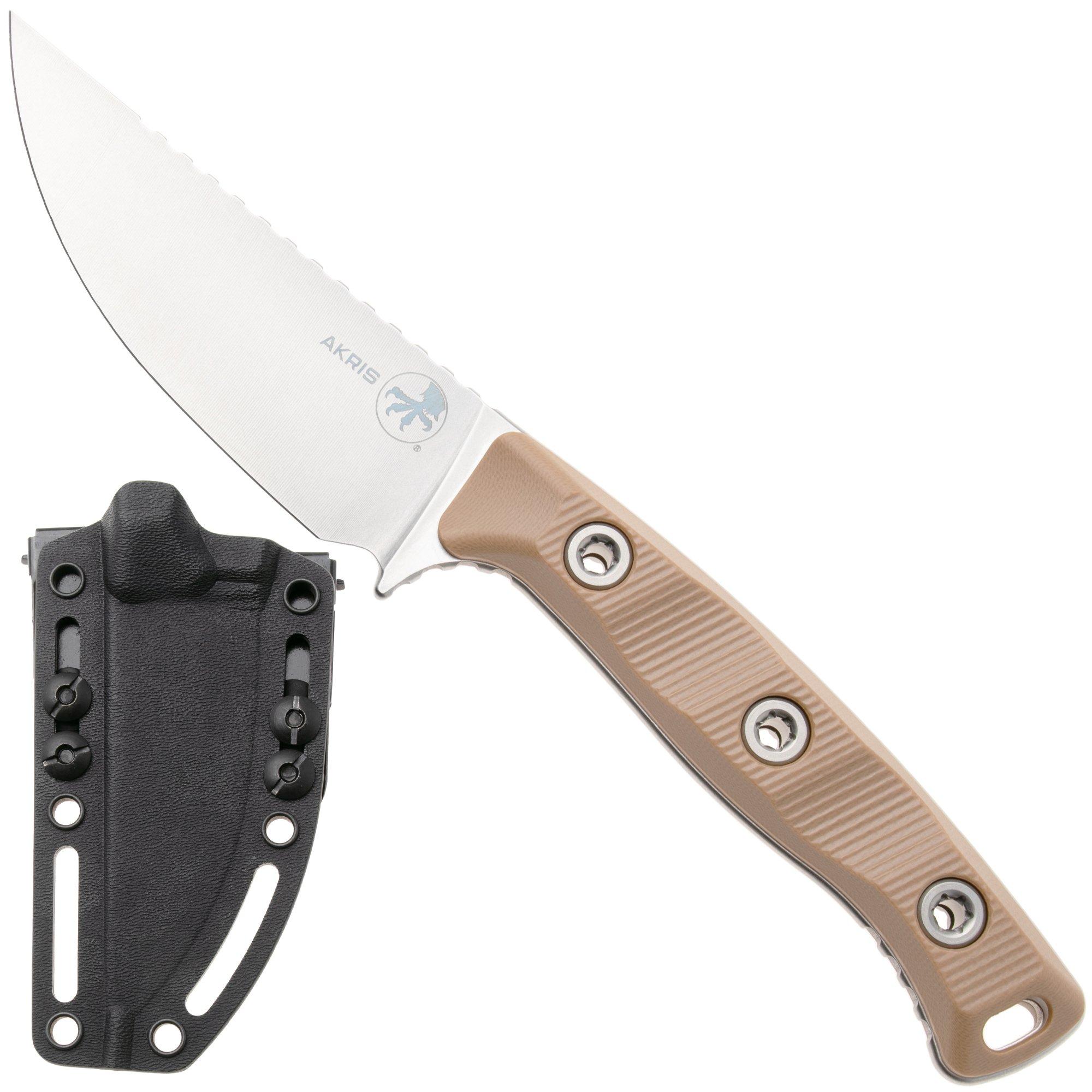 Microtech Akris 95-10DE-5, Stonewashed Böhler M390MK, Dark Earth G10, jachtmes, Black Kydex schede