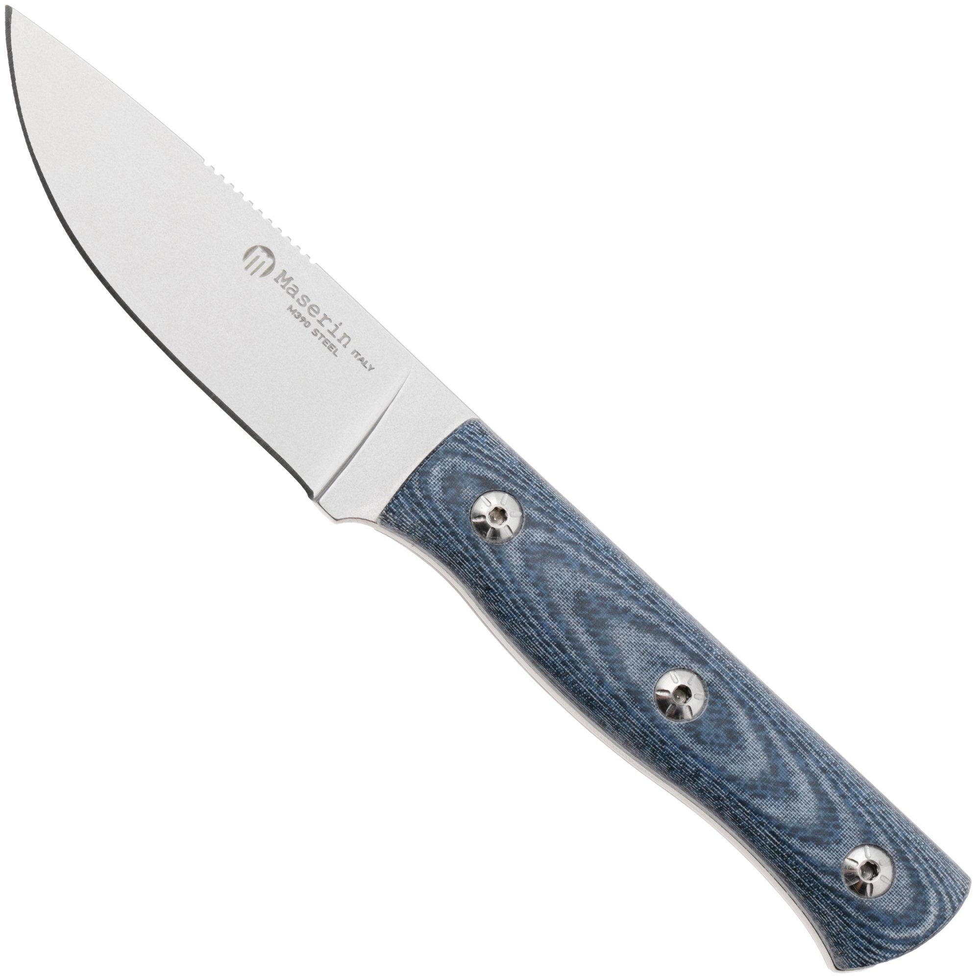 Maserin 915/MCJ Path, Stonewashed M390, Denim Jeans Micarta, vaststaand mes, Igor Bortolussi design