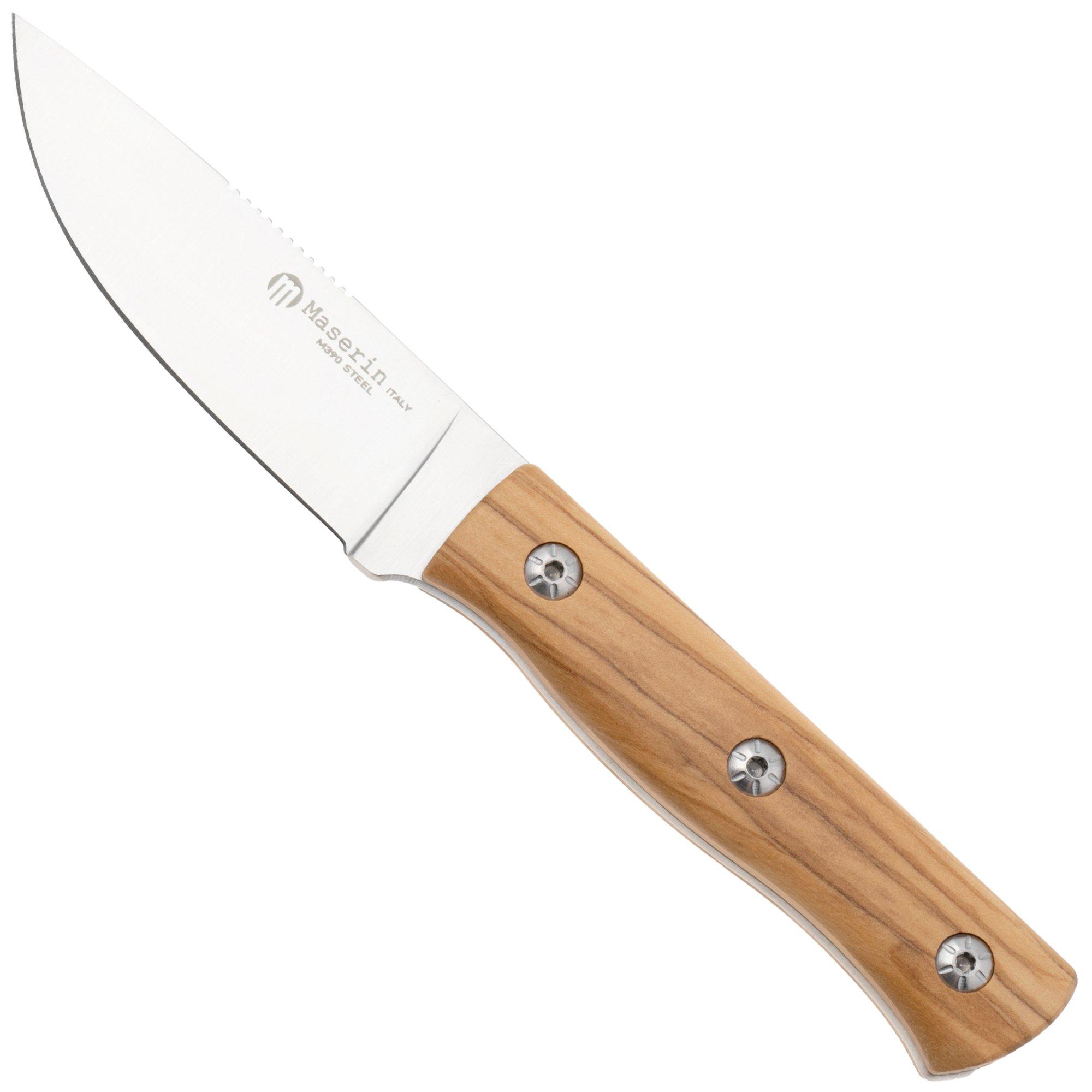 Maserin 915/OL Path, Satin M390, Olive Wood, vaststaand mes, Igor Bortolussi design