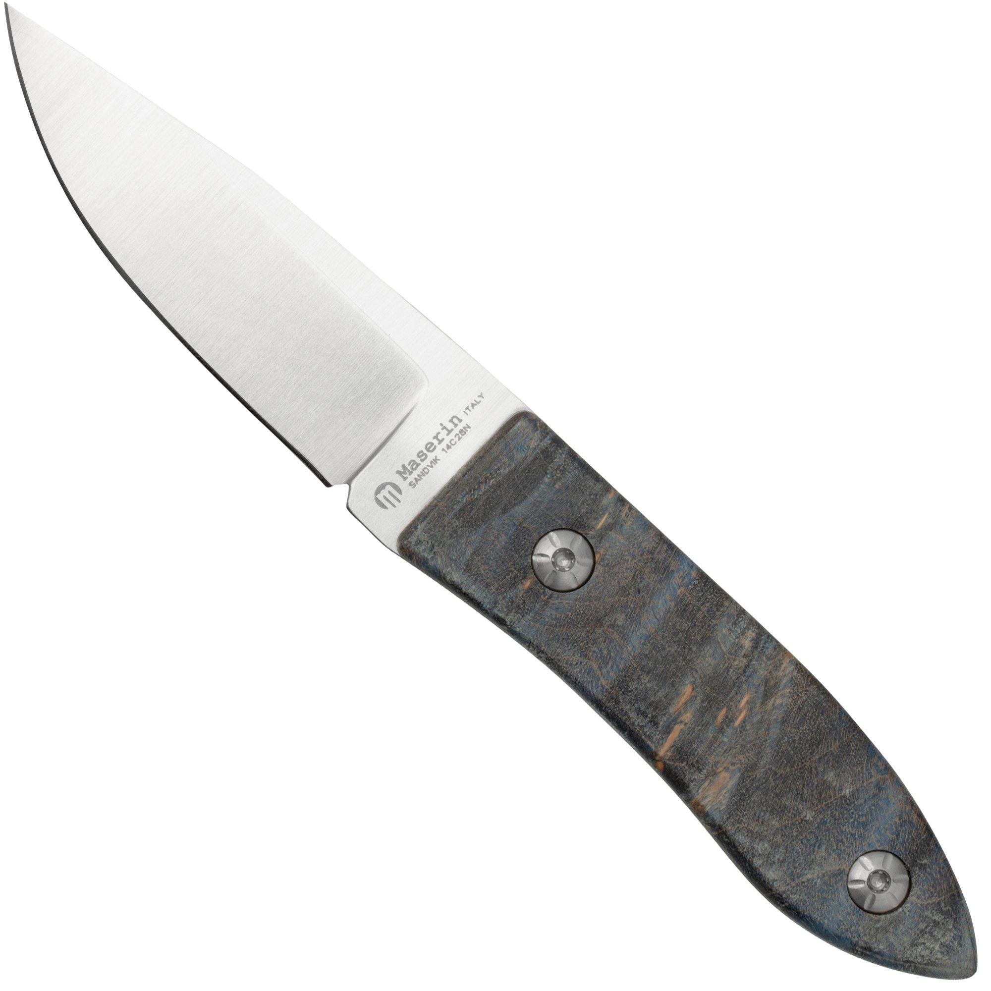 Nóż z głownią stałą Maserin AM22, 923-RB Blue Poplar Burl, projekt Atillio Morotti