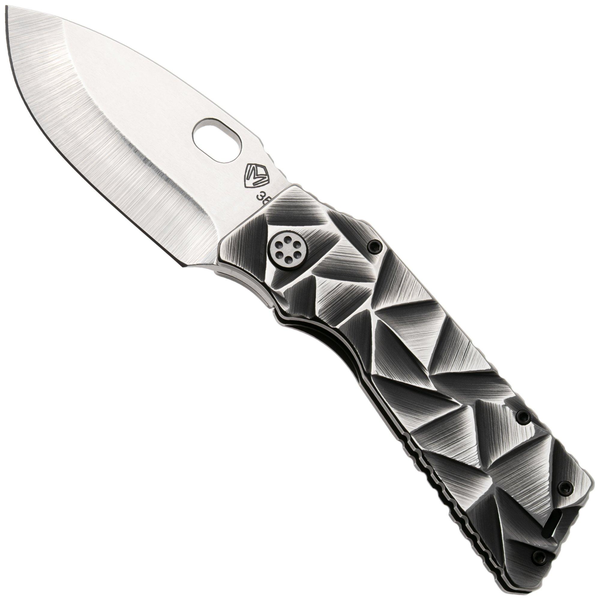Medford Fat Daddy Polished Tumbled S35VN Blade, Black w/Silver Stained Glass Titanium Handle, Black w/Silver Hardware and Clip, couteau de poche