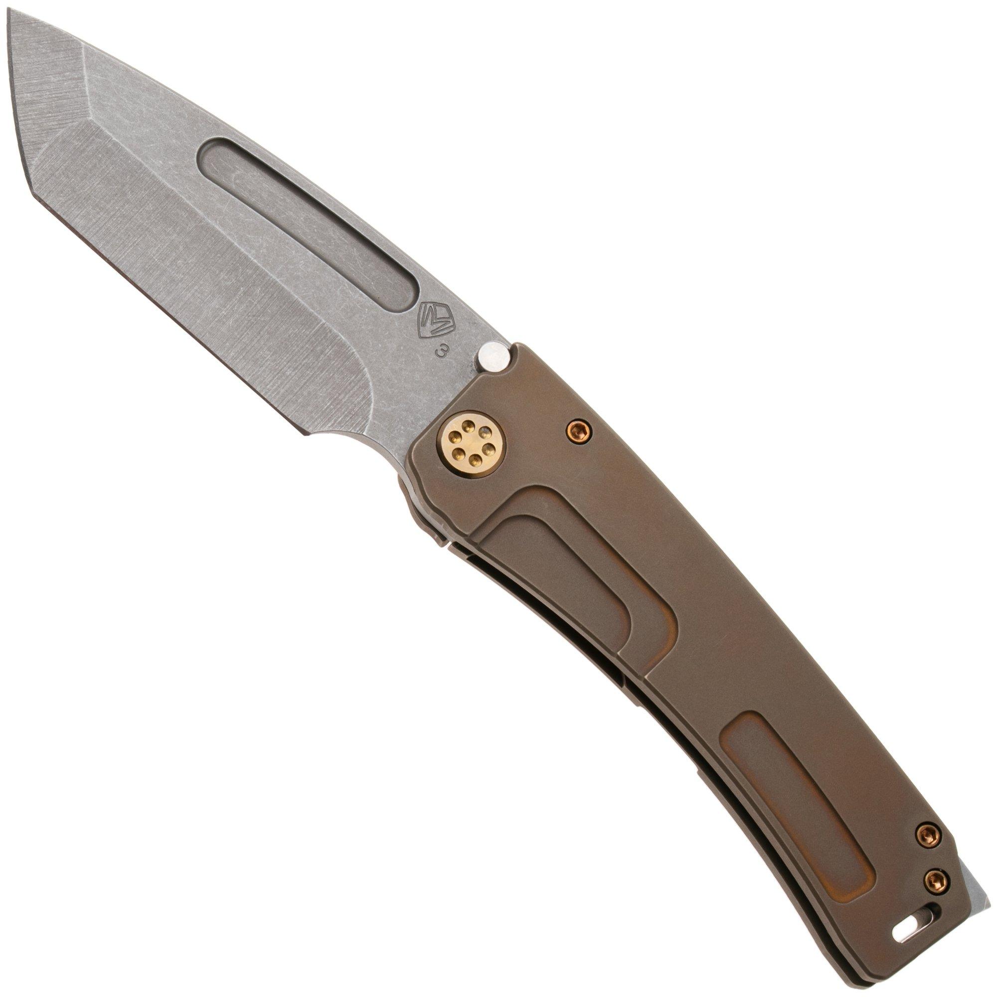 Medford Marauder-H 26-MMH-02 CPM 3V Acid Distressed Tanto Blade, Old School Bronze Titanium Handles, Bronze Hardware, zakmes