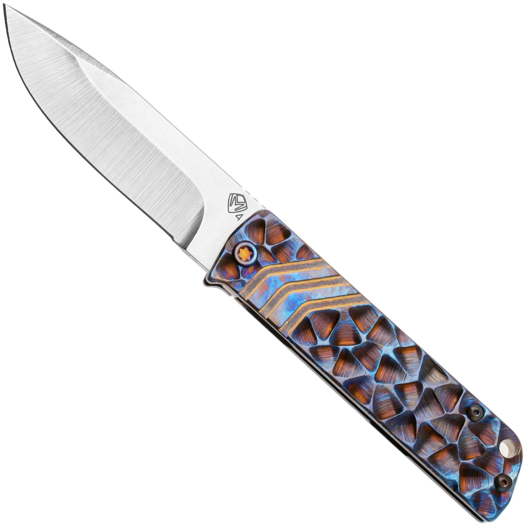 Medford The Antik 26-TA-02 S45VN Droppoint Blade, Titanium MD Blue Peaks & Valleys Ano Handles, Flamed Hardware, zakmes