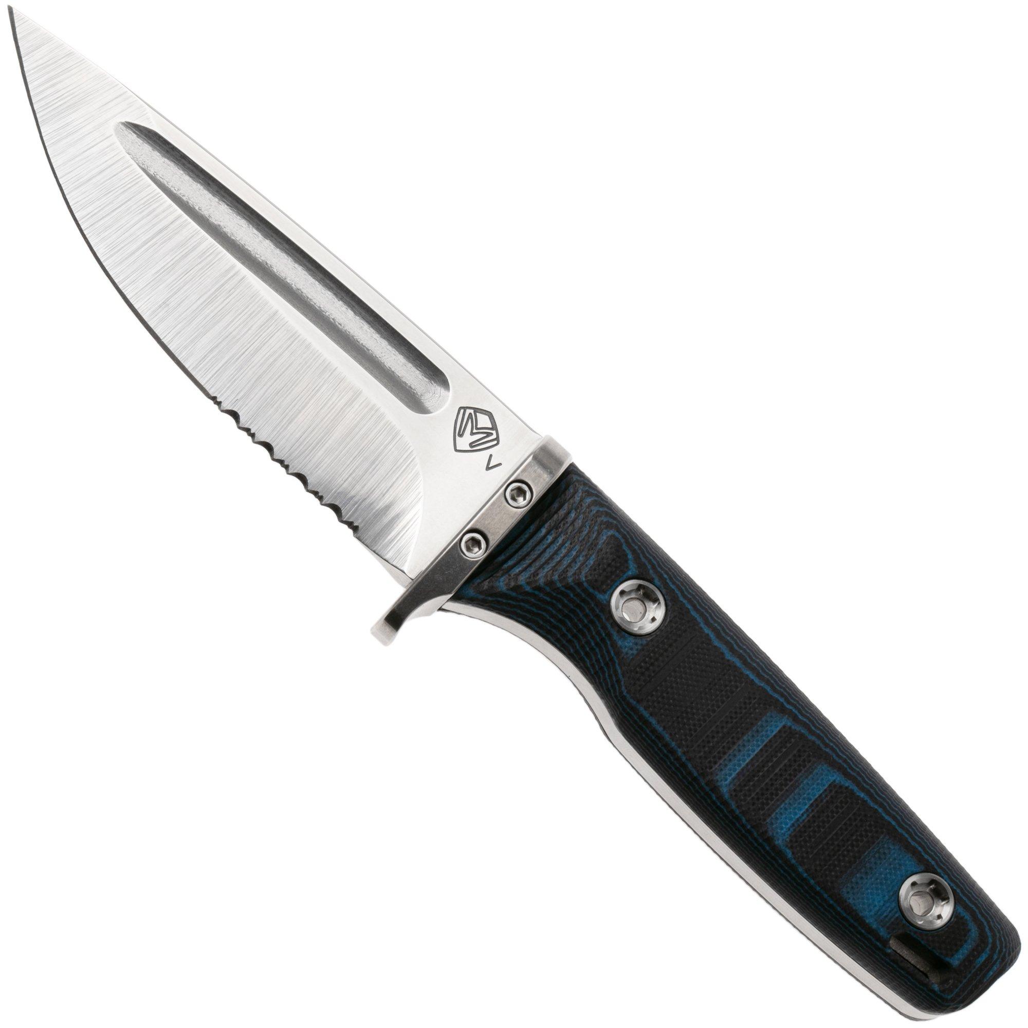 Medford The Deep 26-TD-02, 20CV Tumbled Blade, Black/Blue G10, partially serrated duikmes