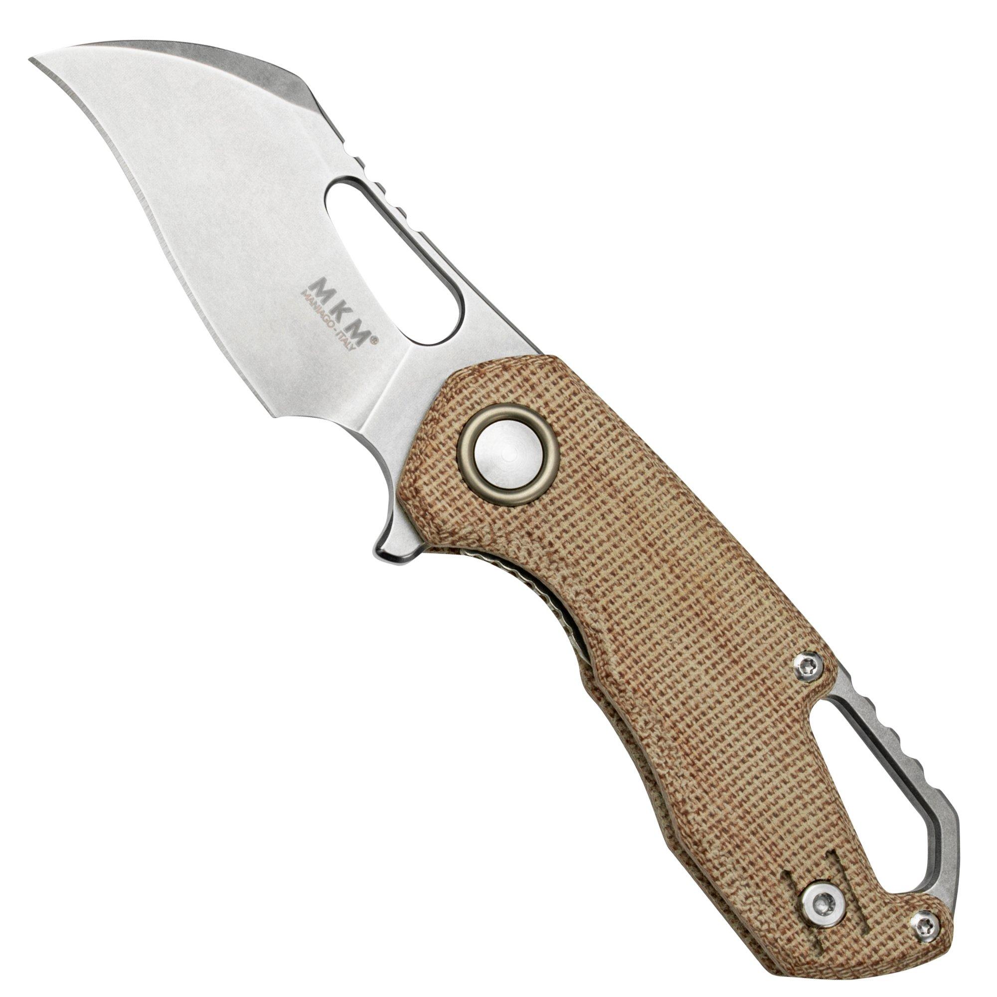 mika K. MKM Isonzo FX03M-1GC Hawkbill M390, Green Canvas Micarta pocket