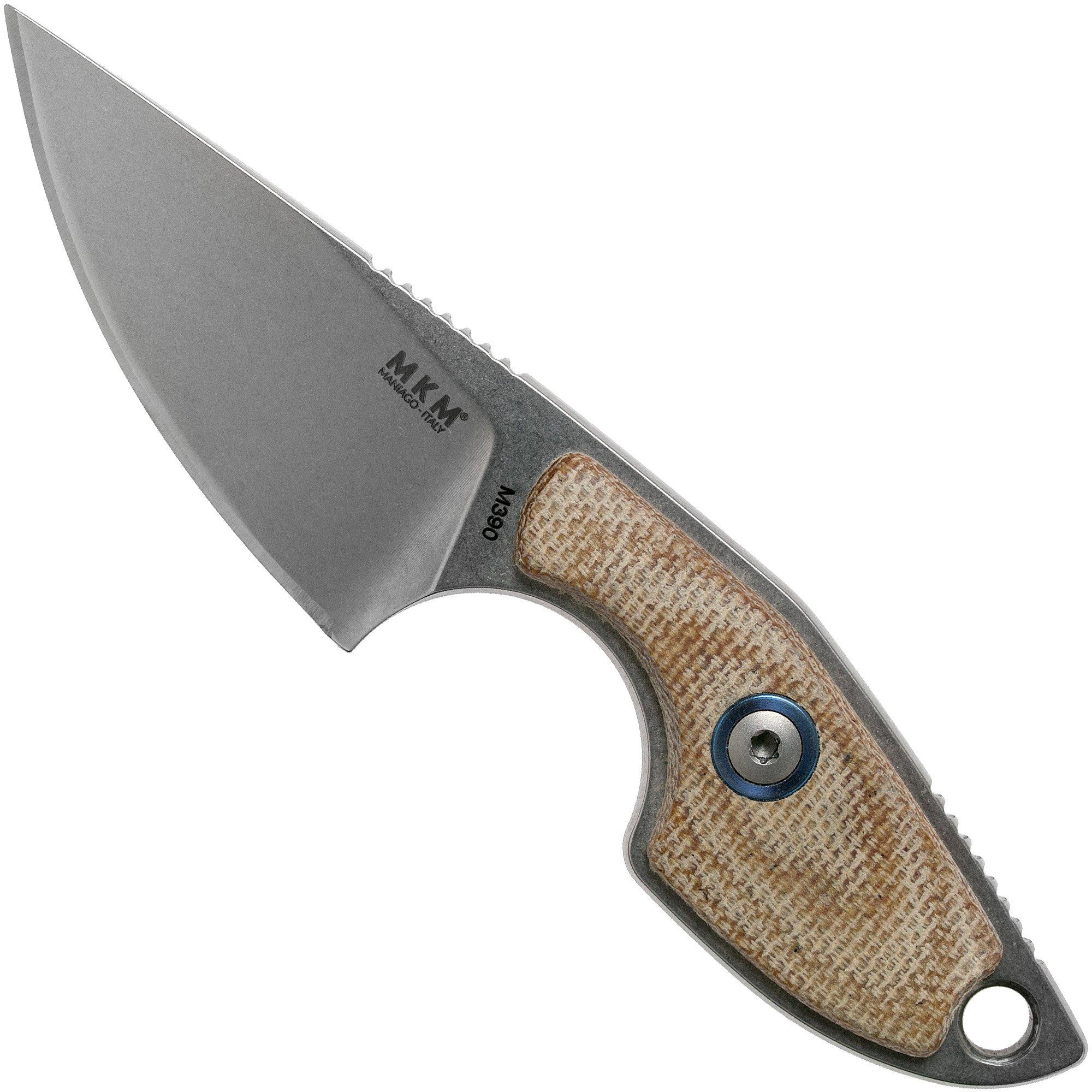 Nóż typu neck MKM Mikro 1 Drop, Stonewashed Natural Canvas Micarta, projekt Jesper Voxnaes