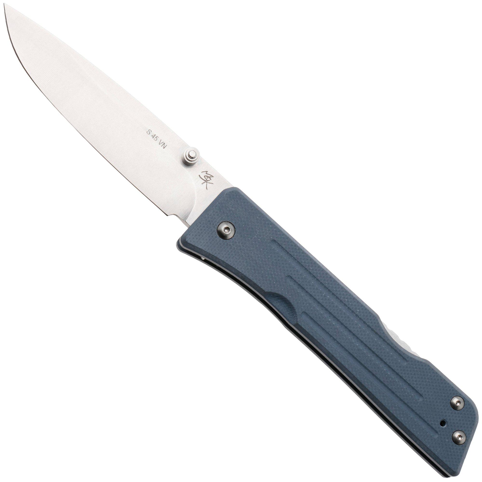 1881 Knife Works Route 66, RT68-DP-BLUE-G10, Tumbled S45VN Droppoint, Denim Blue G10 pocket knife, Greg Medford design