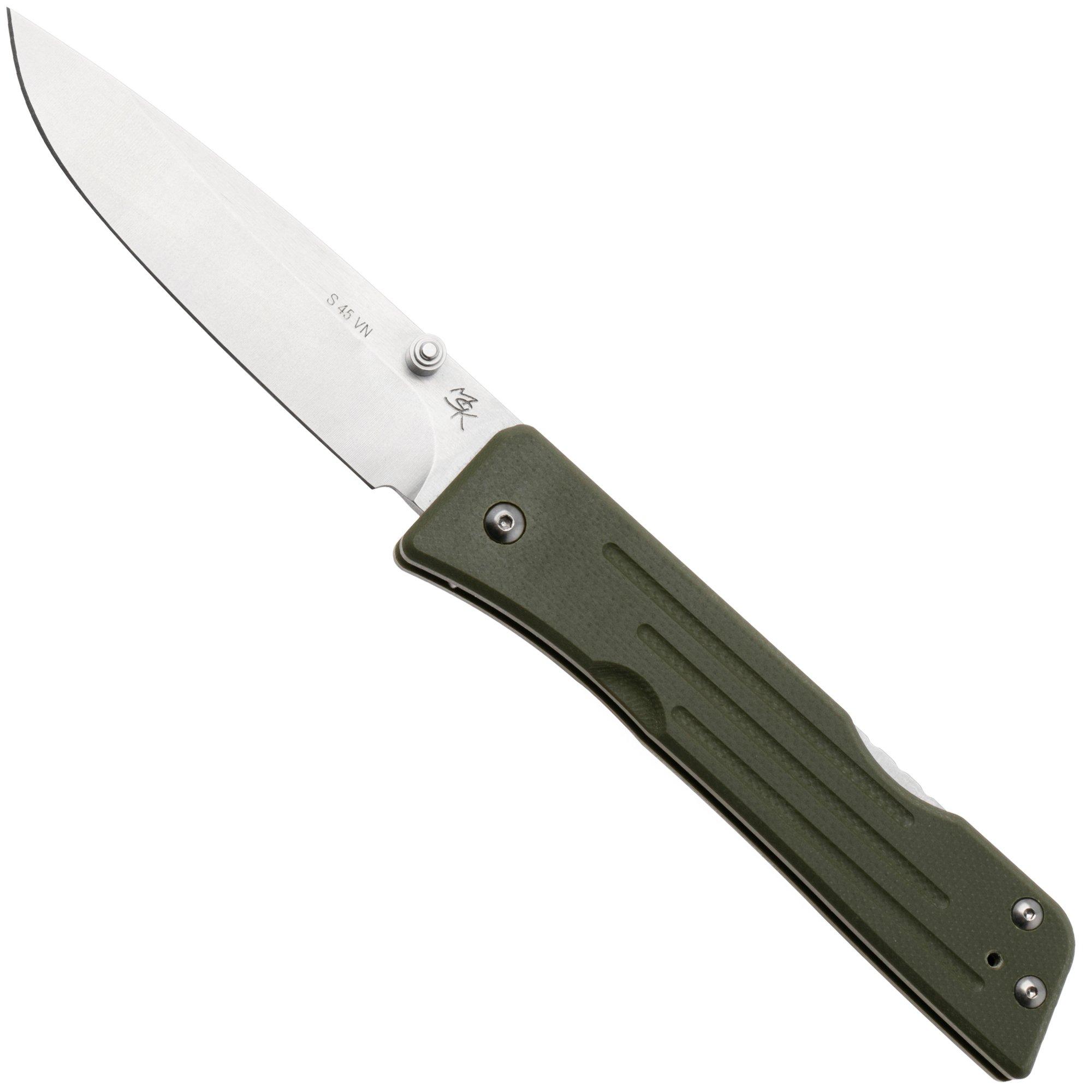 1881 Knife Works Route 66, RT68-DP-GRN-G10, Tumbled S45VN Droppoint, OD Green G10 navaja, diseño de Greg Medford