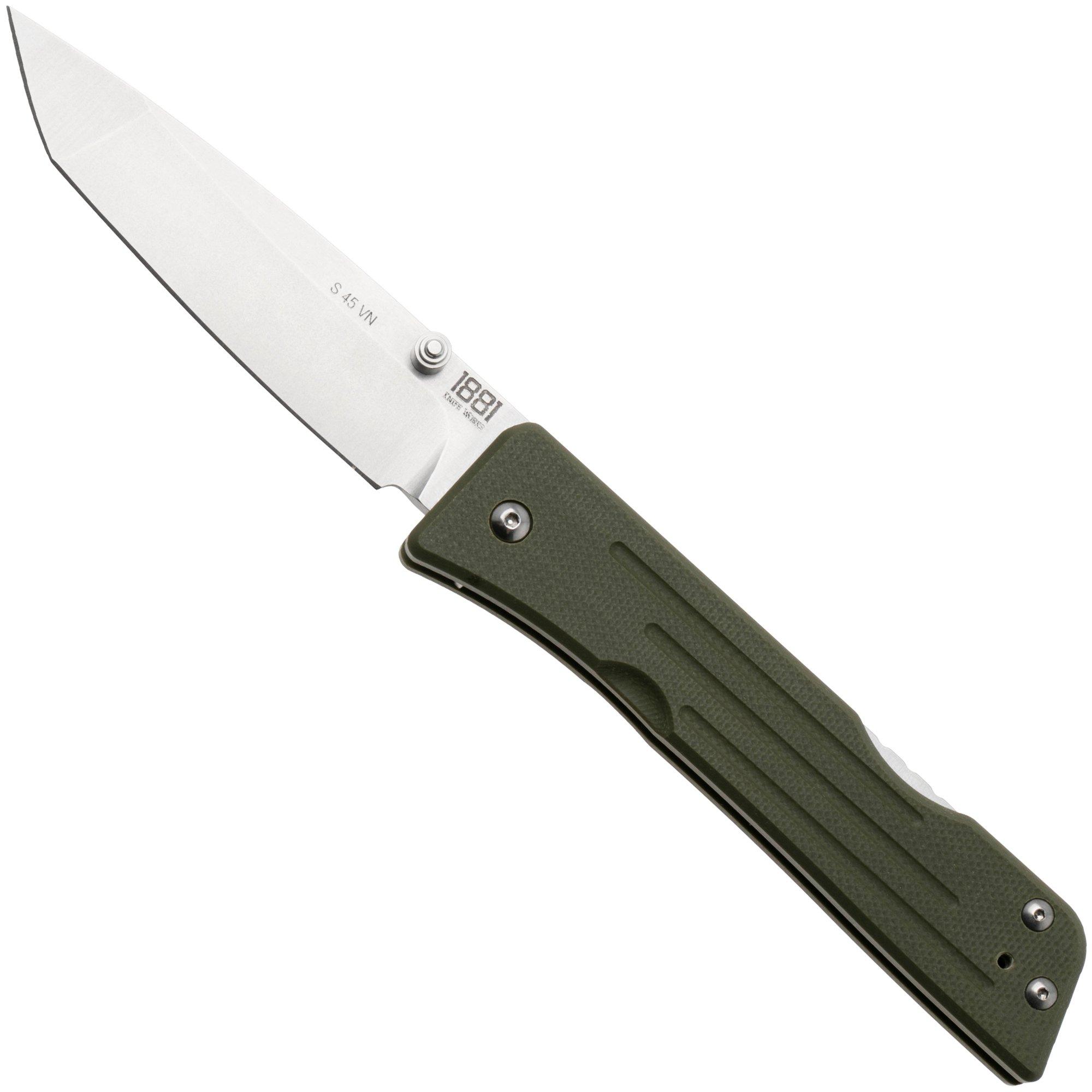 1881 Knife Works Route 66, RT68-TB-GRN-G10, Tumbled S45VN Tanto, OD Green G10 pocket knife, Greg Medford design