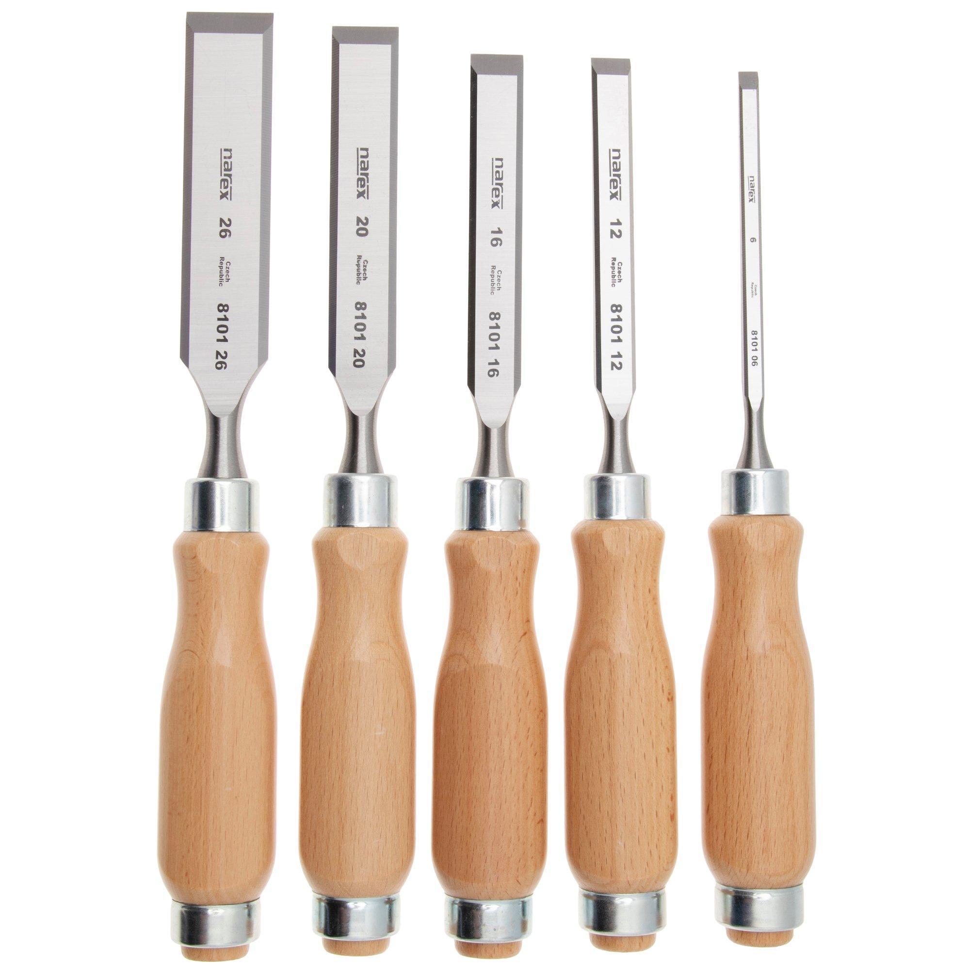 Narex Wood Line Profi Bevel Edge Chisel Set 863801, set di sgorbie 6-12-16-20-26 mm in rotolo per utensili, 5 pezzi