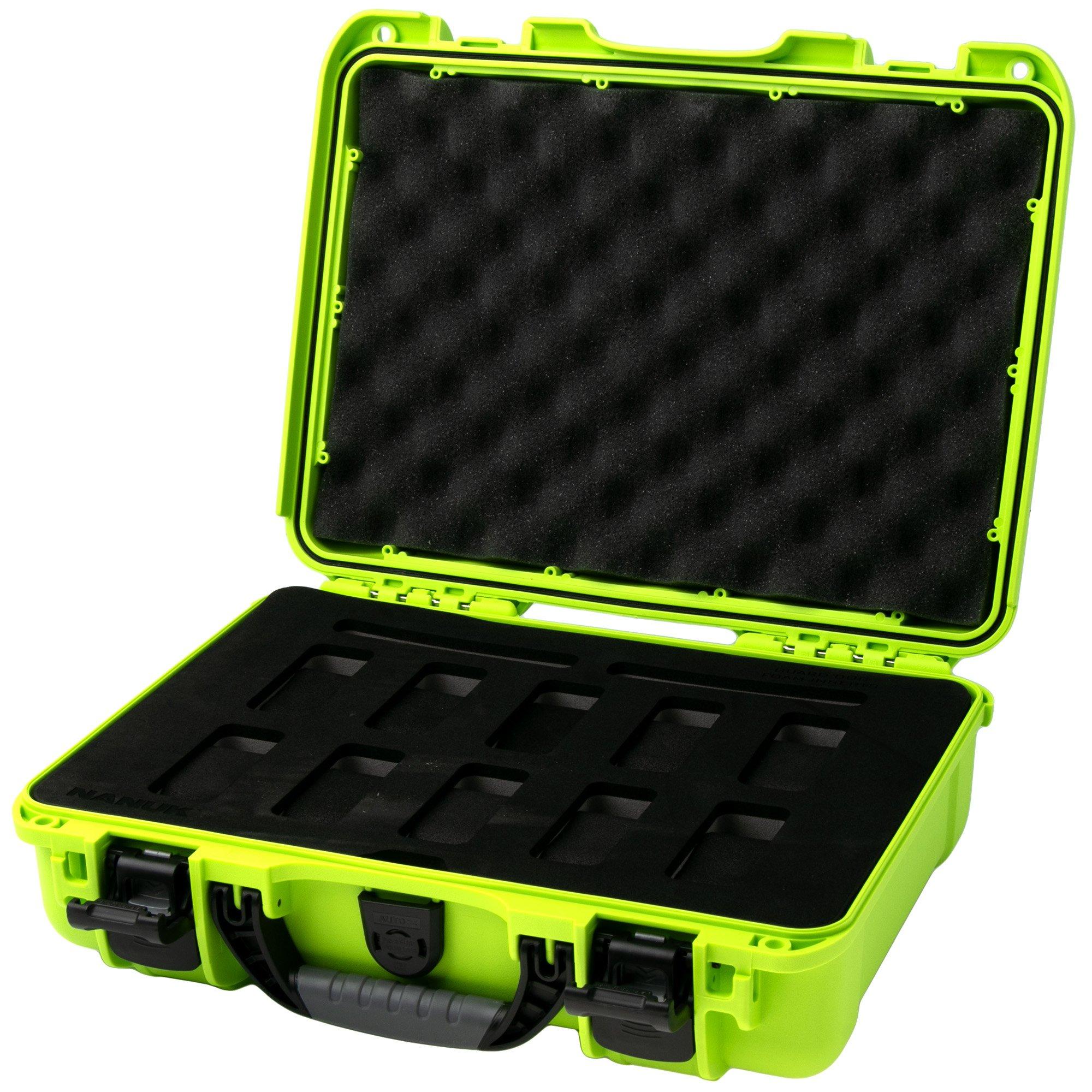 Nanuk 910 case with foam inserts for 10 watches, lime green