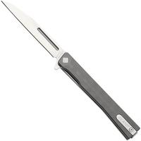 Afbeelding voor Ocaso Solstice 10EPW, Satin CPM S35VN Wharncliffe, Grey Engraved Titanium zakmes, Andrew Demko design