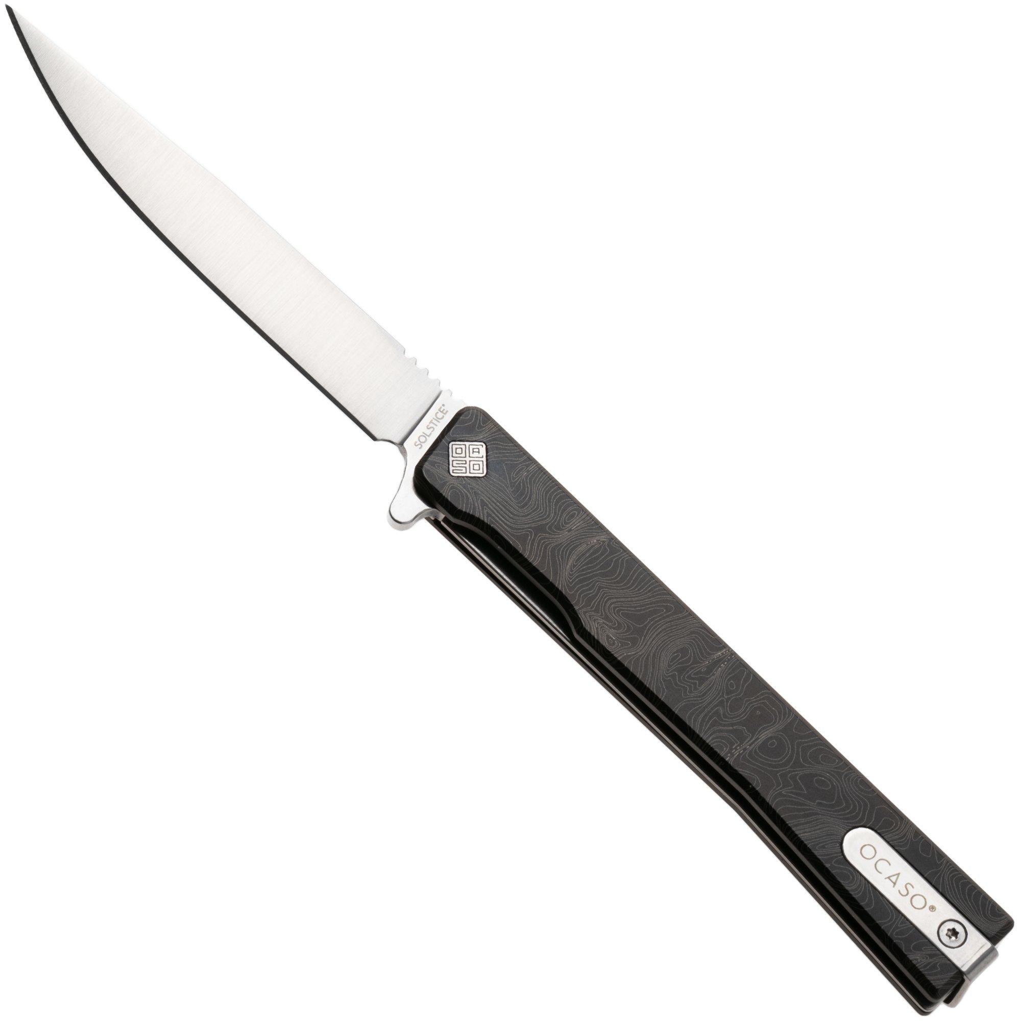 Ocaso Solstice 10ETS Satin CPM S35VN, Topo Engraved Grey Titanium, pocket knife, Andrew Demko design