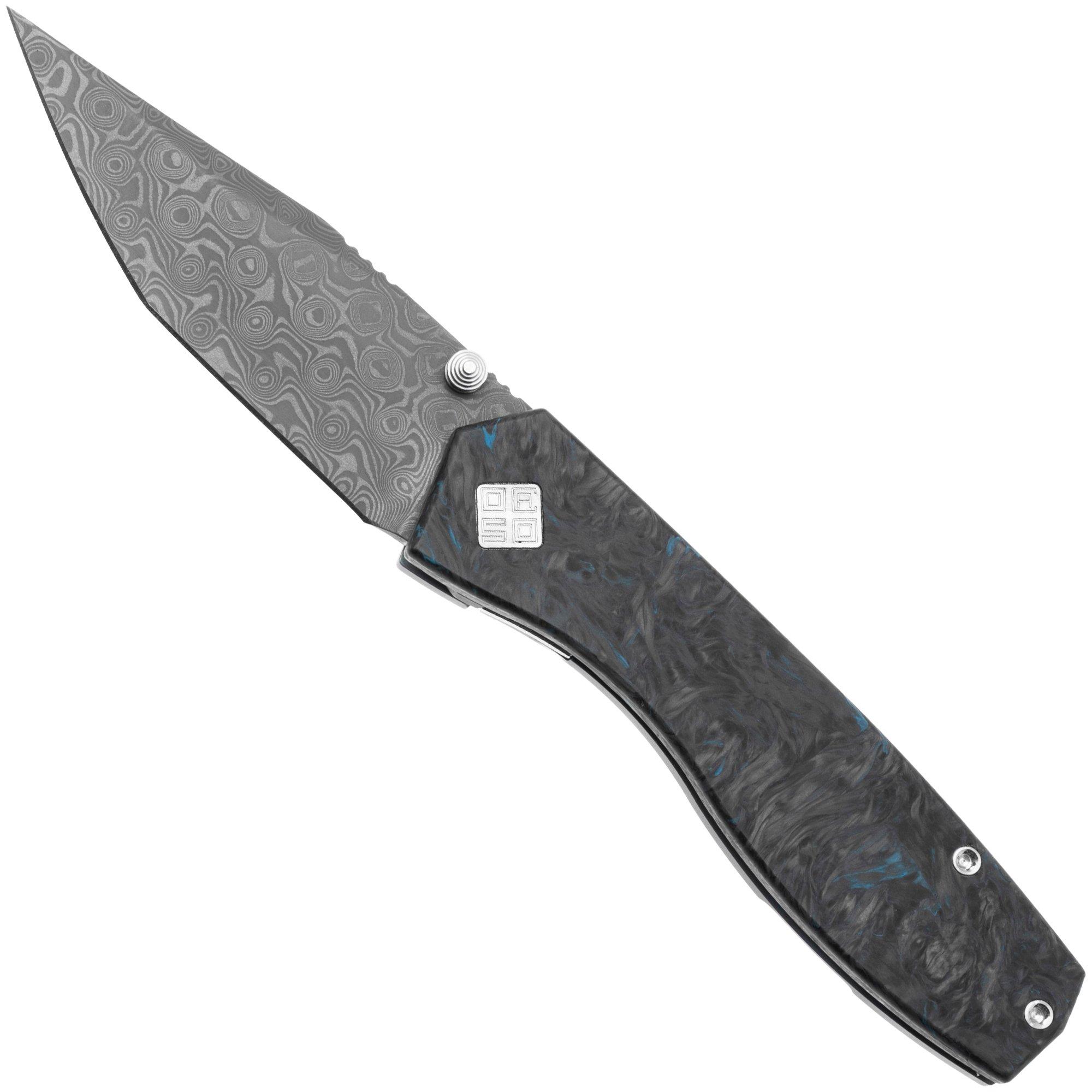 Ocaso Delos 12IBL Damascus Steel, Dark Matter Blue Fatcarbon, pocket knife, Kurt Merriken design