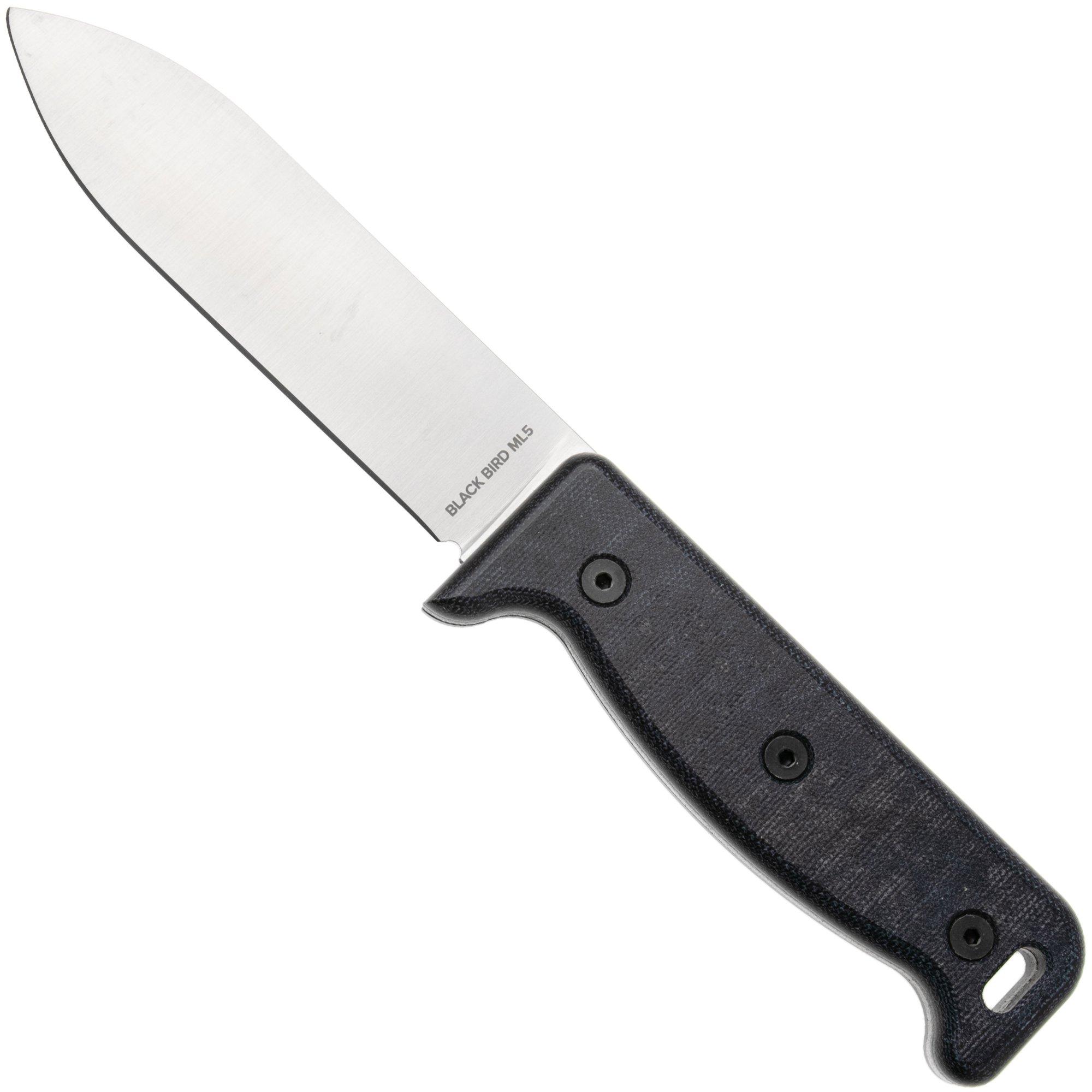 Nóż z głownią stałą Ontario Black Bird ML5 7502BL Satin 420HC, Blue Micarta, projekt Paul Scheiter, skórzana pochwa