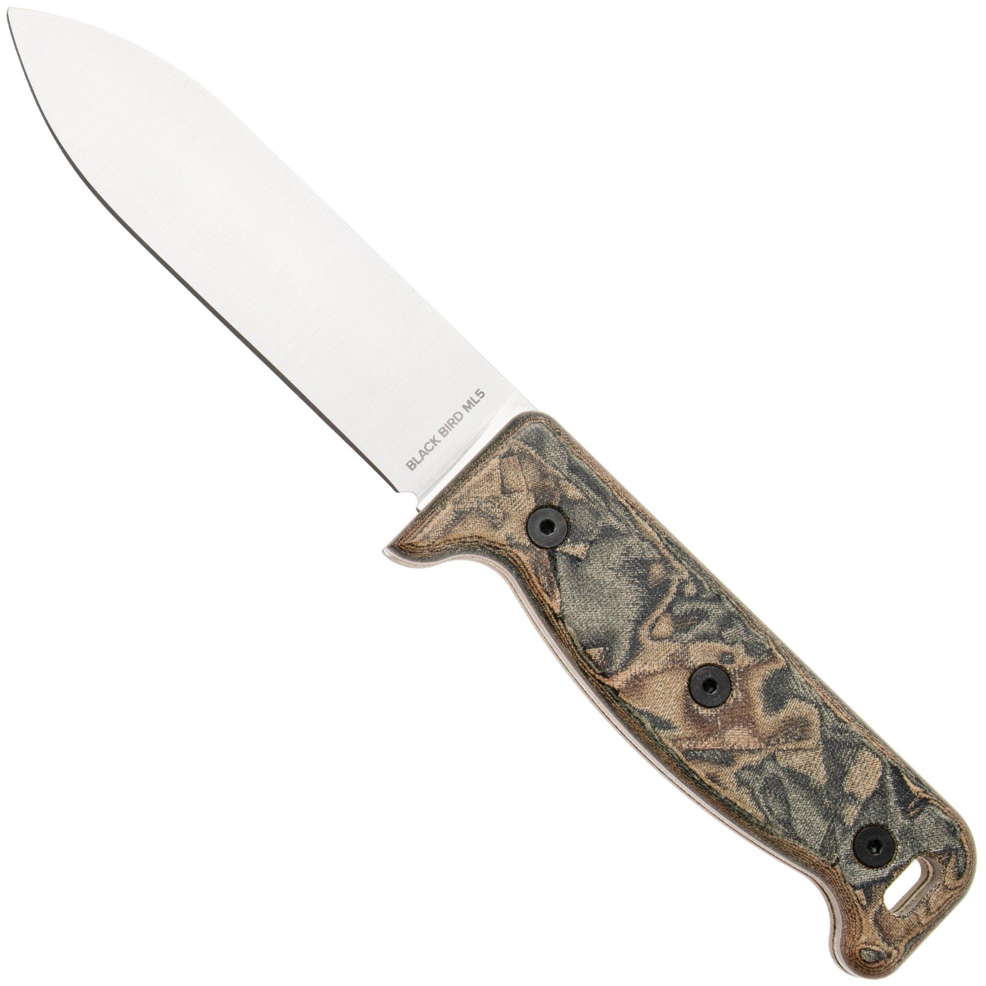 Ontario Black Bird ML5 7502N Satin 420HC, Camo Micarta, cuchillo fijo, diseño de Paul Scheiter, funda de nailon