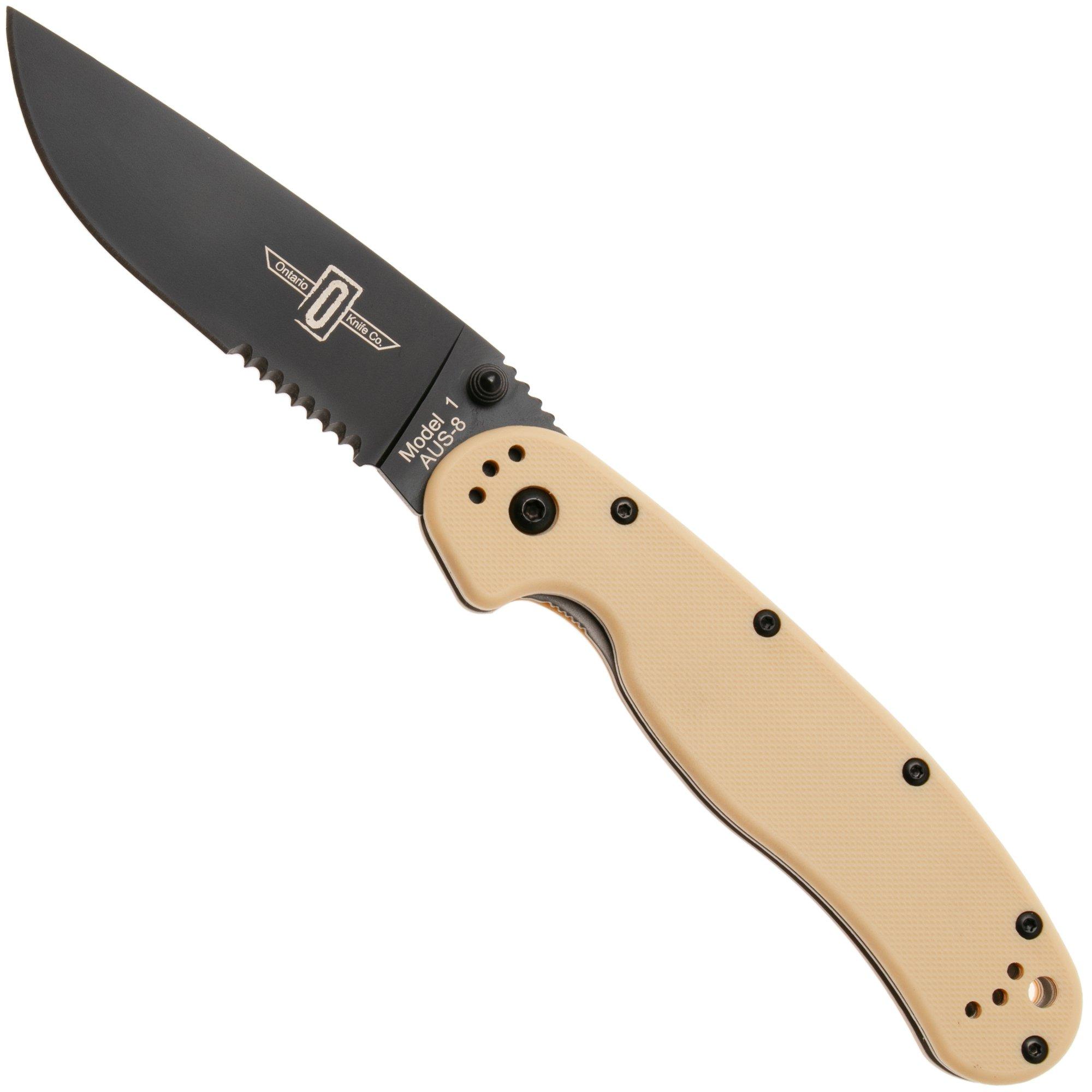 Nóż składany Ontario RAT-1 8847DT Black Serrated AUS 8, Desert Tan