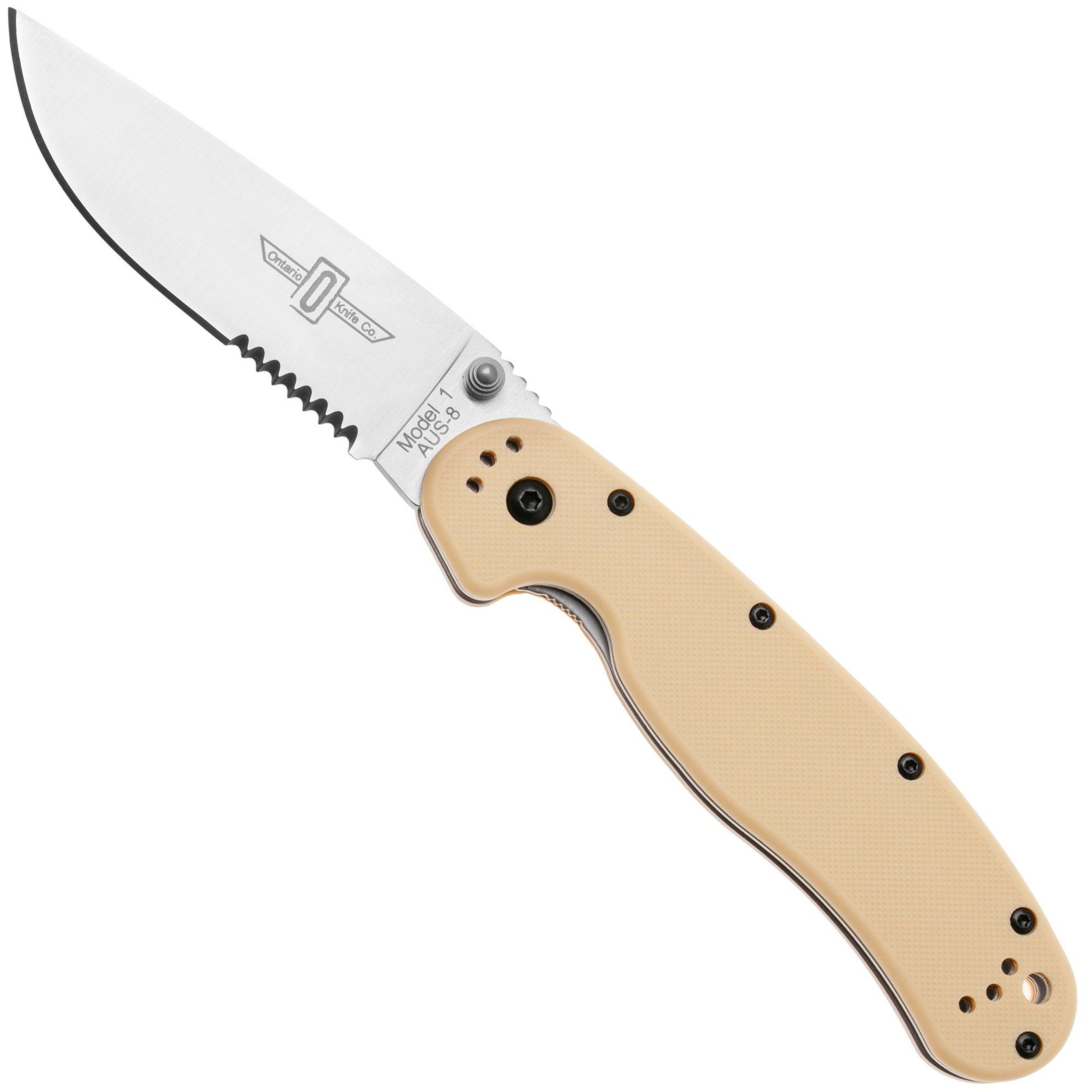 Ontario RAT-1 8849DT Satin Serrated AUS8, Desert Tan, navalha