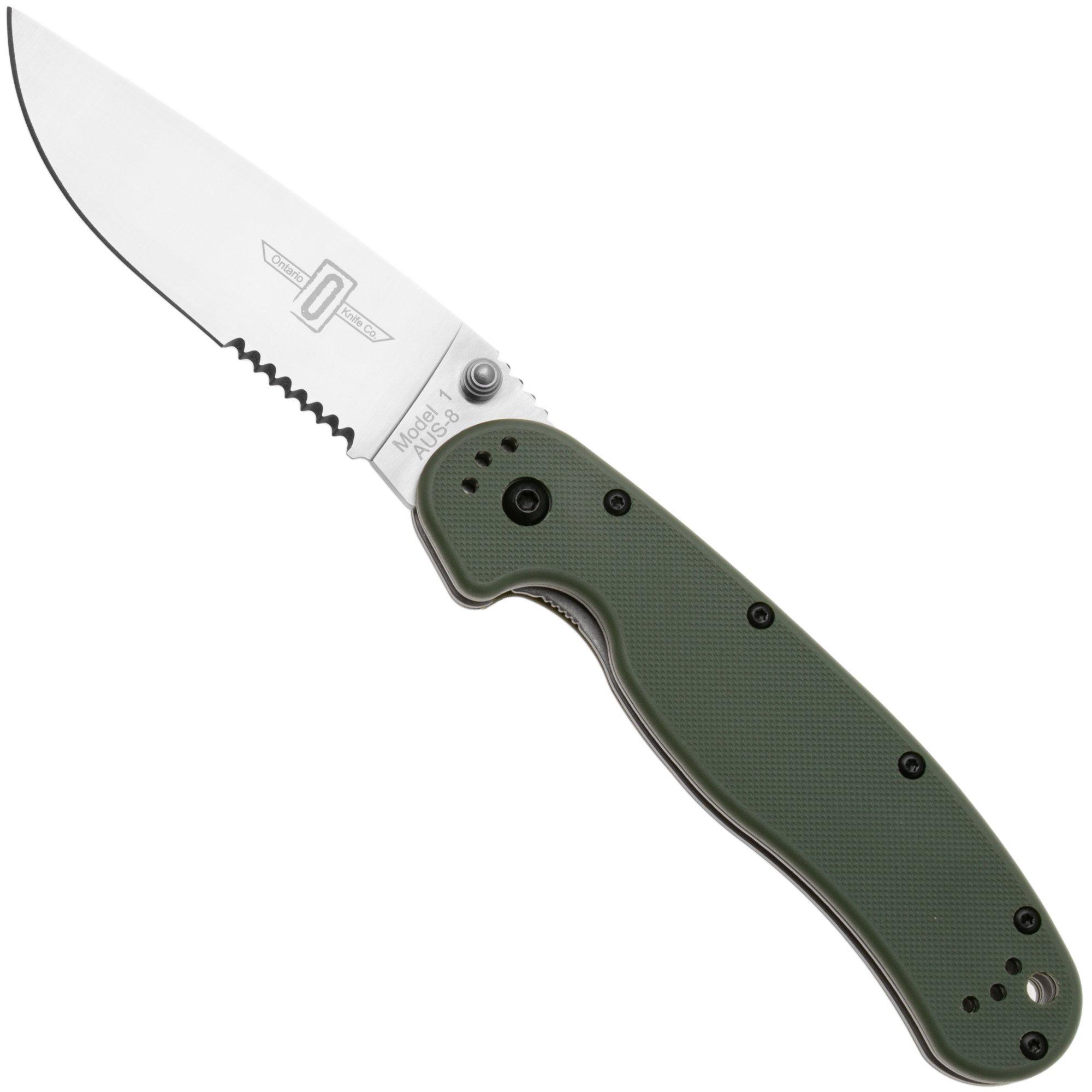 Ontario RAT-1 8849OD Satin Serrated AUS8, OD Green, pocket knife