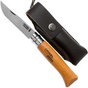 Opinel couteau de poche No.8 Gamme de luxe avec étui en cuir, acier carbone