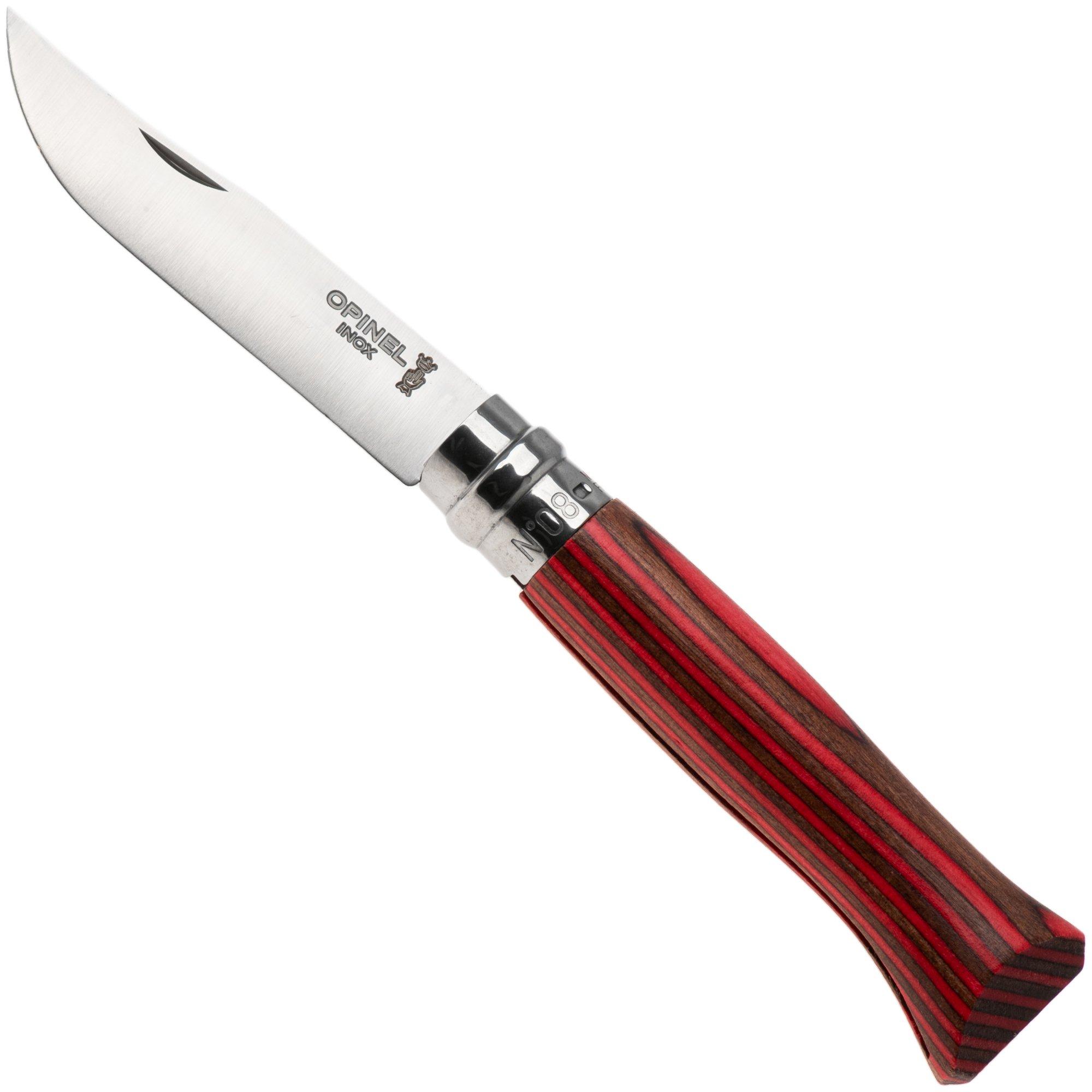 Opinel No. 08, 002390, Satin Stainless Steel, Red Laminated Birch, Taschenmesser