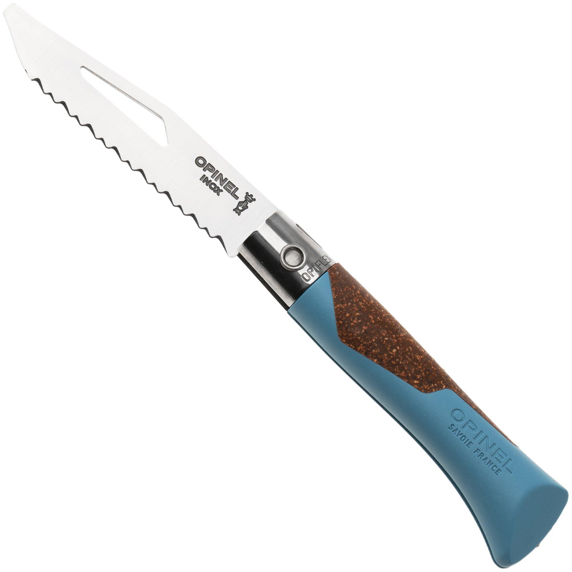Opinel Néo7 Alpine 3239, Made For The Elements, Satin Stainless Steel, Glacier Blue Polypropylene, Cork Inlay, serrated pocket knife