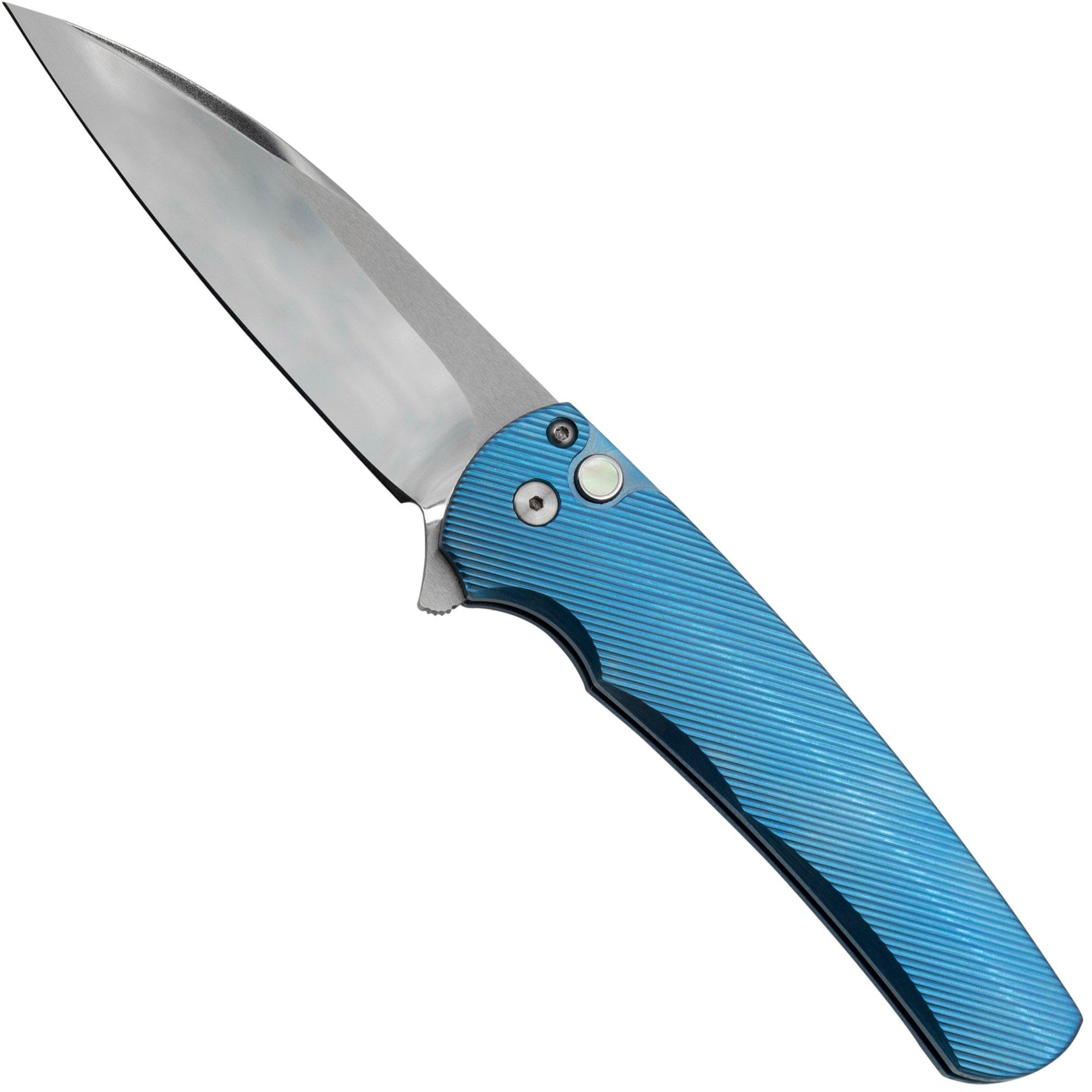 Nóż składany Pro-Tech Malibu Mike Irie Custom 2023, Blue Titanium Handle, Gold Lip Pearl Button, Wharncliffe Blade