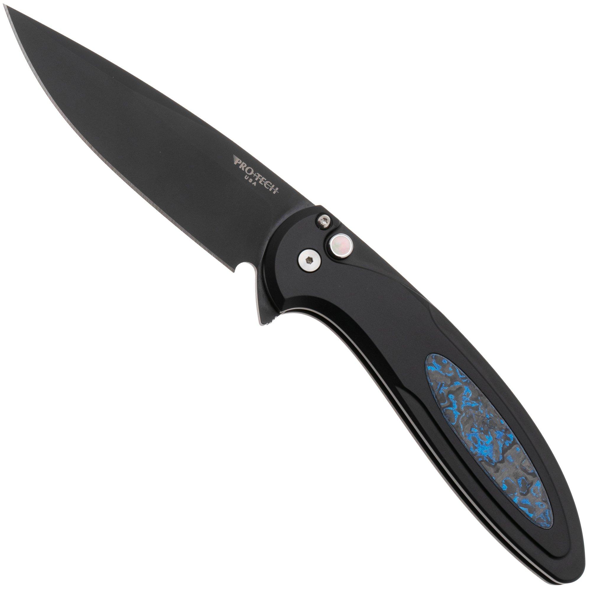 Pro-Tech Cambria 2 CF2103-LTD-TC-BLUE, DLC CPM MagnaCut, Black 6061 Aluminum Techno Carbo Blue Inlay, Black Lip Pearl Button couteau de poche