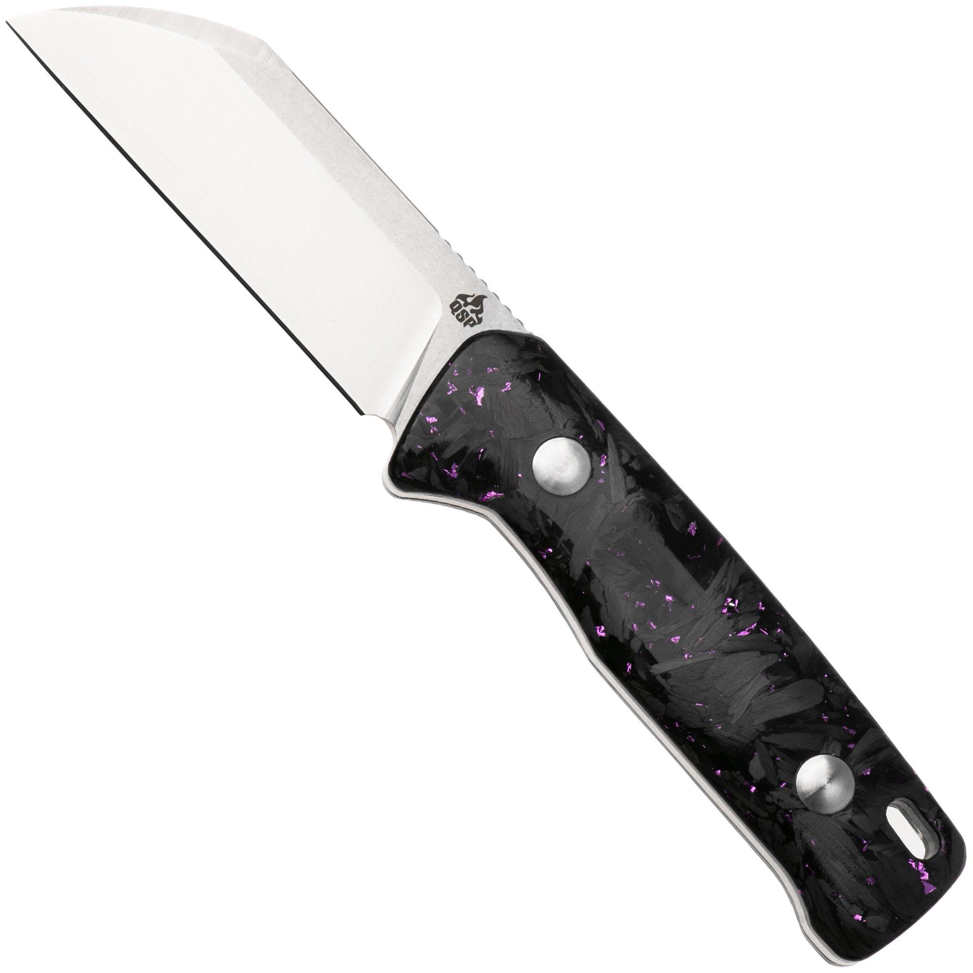 QSP Knife Baby Penguin QS130BP-E1 Stonewashed Satin 14C28N Purple Shredded Carbon Fiber, fixed knife