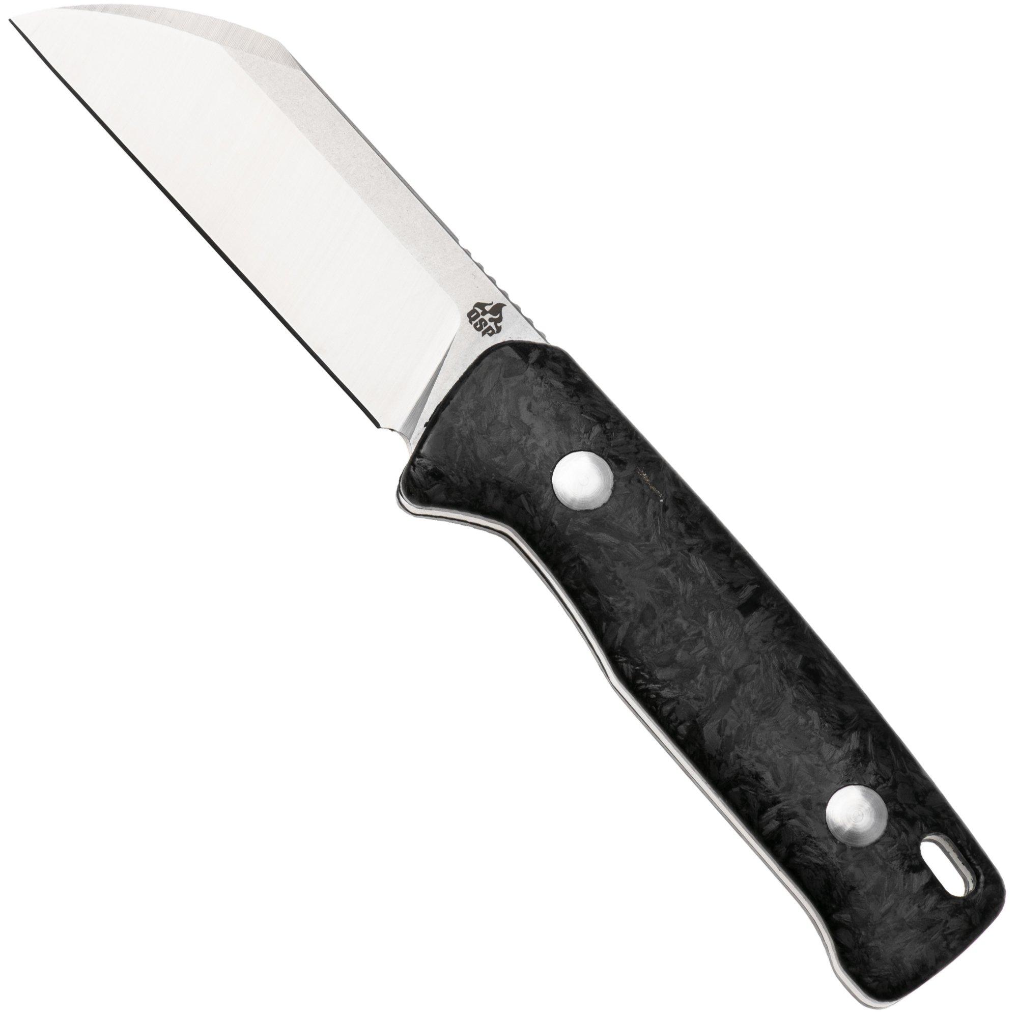 QSP Knife Baby Penguin QS130BP-F1 Stonewashed Satin 14C28N Blue Glow In The Dark Carbon, fixed knife