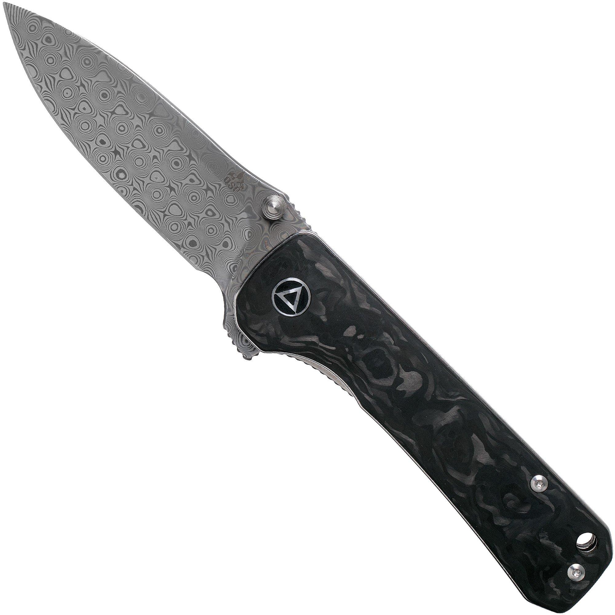QSP Knife Hawk QS131-E Shredded Carbon fibre, Damascus pocket knife