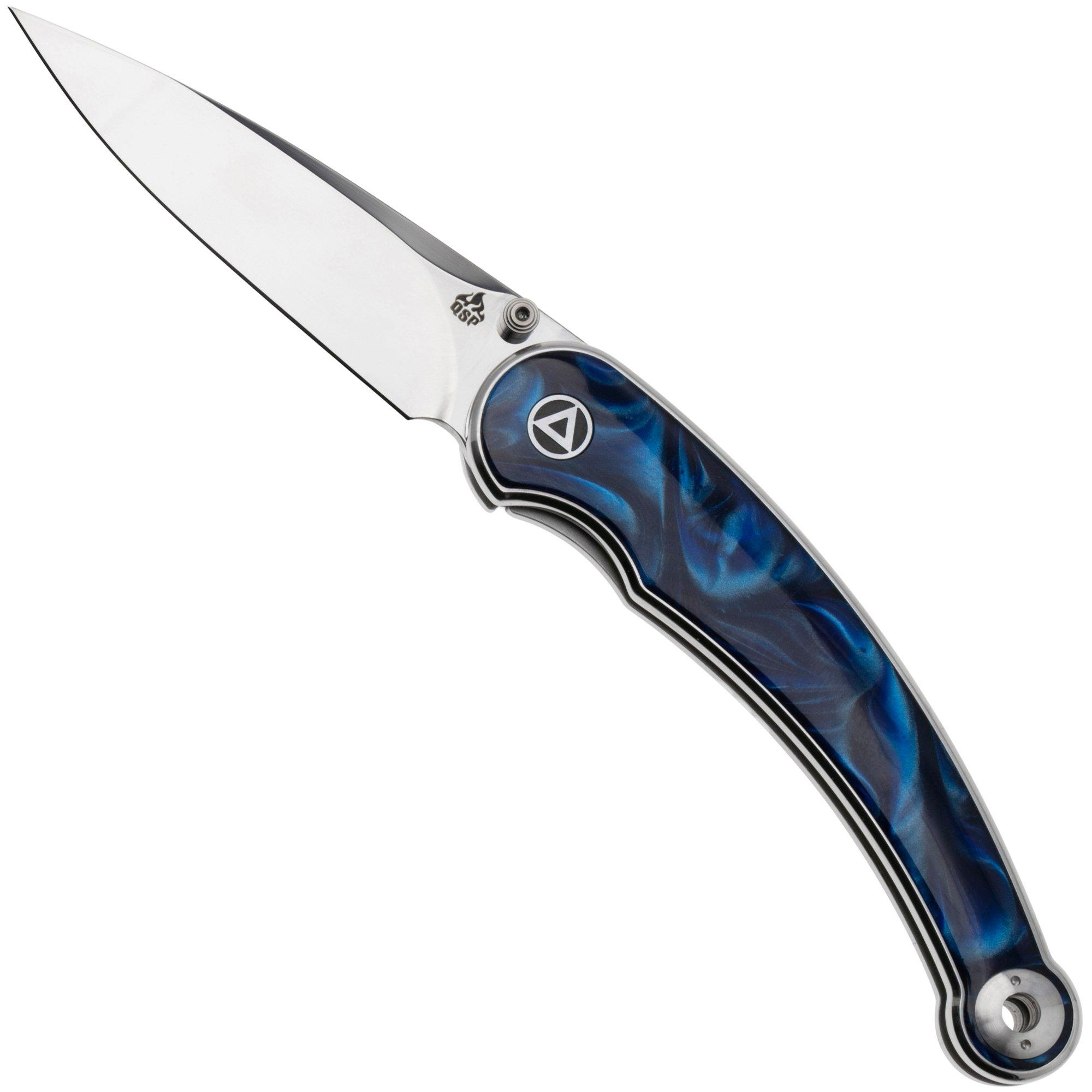 QSP Knife Dolphin QS161-E Polished 14C28N, Blue Resin, pocket knife