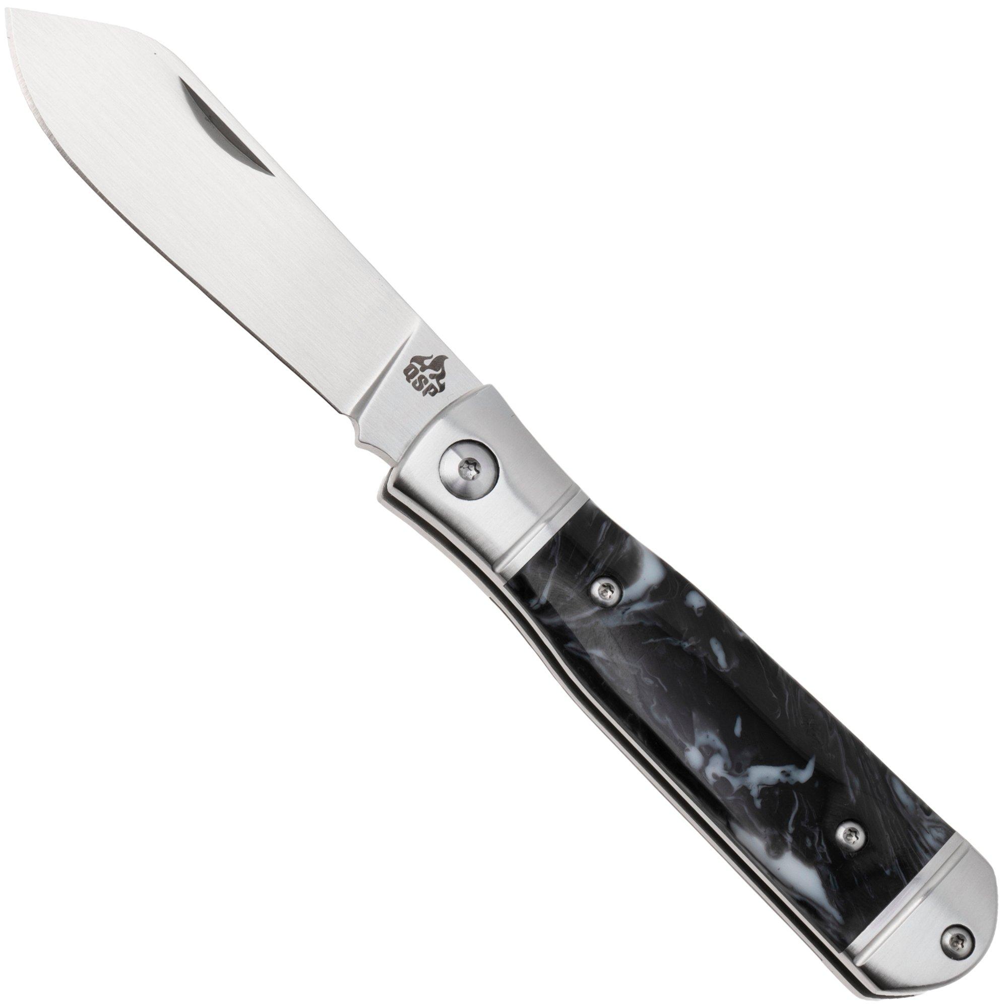 QSP Knife Jumping Jack QS167-C Satin 14C28N, Black White Resin, pocket knife