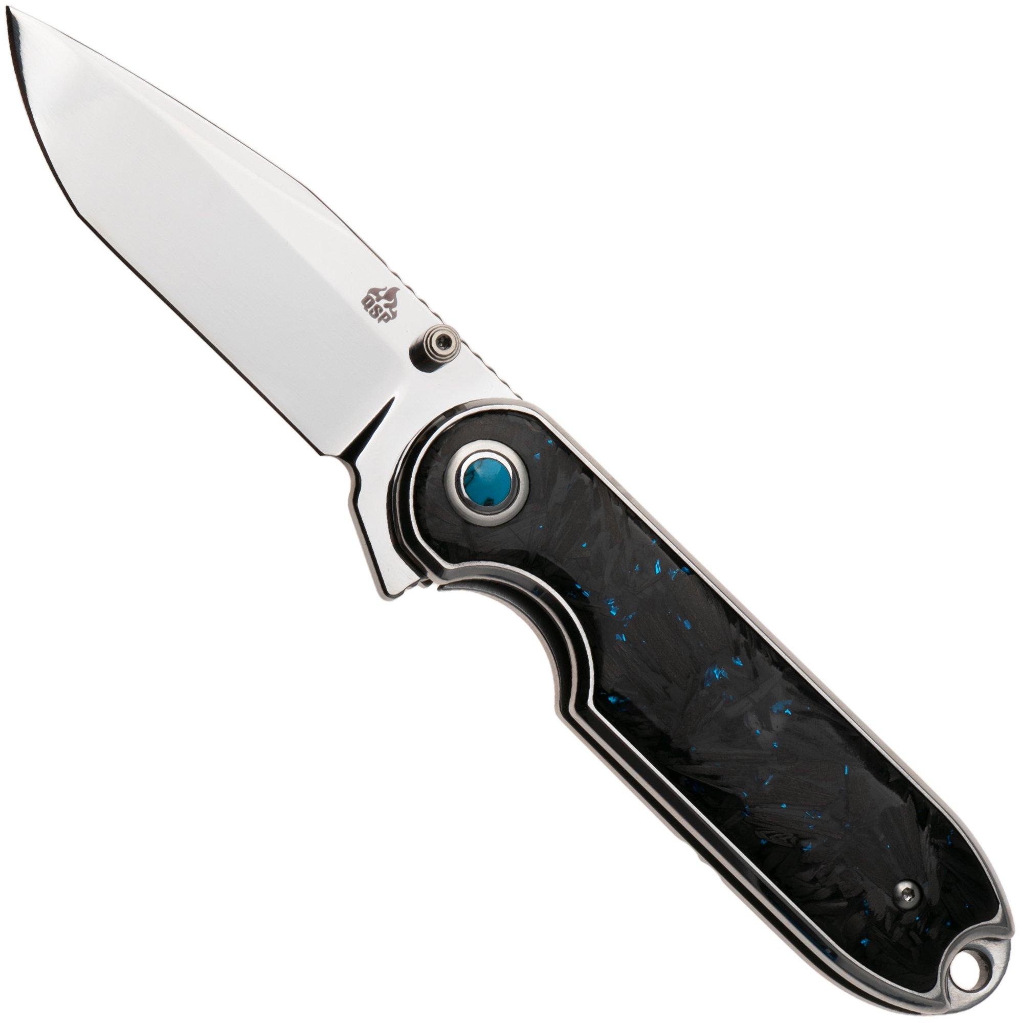 QSP Knife Nebula QS168-C Mirror Polish 14C28N Blue Shredded Carbon Fiber, couteau de poche