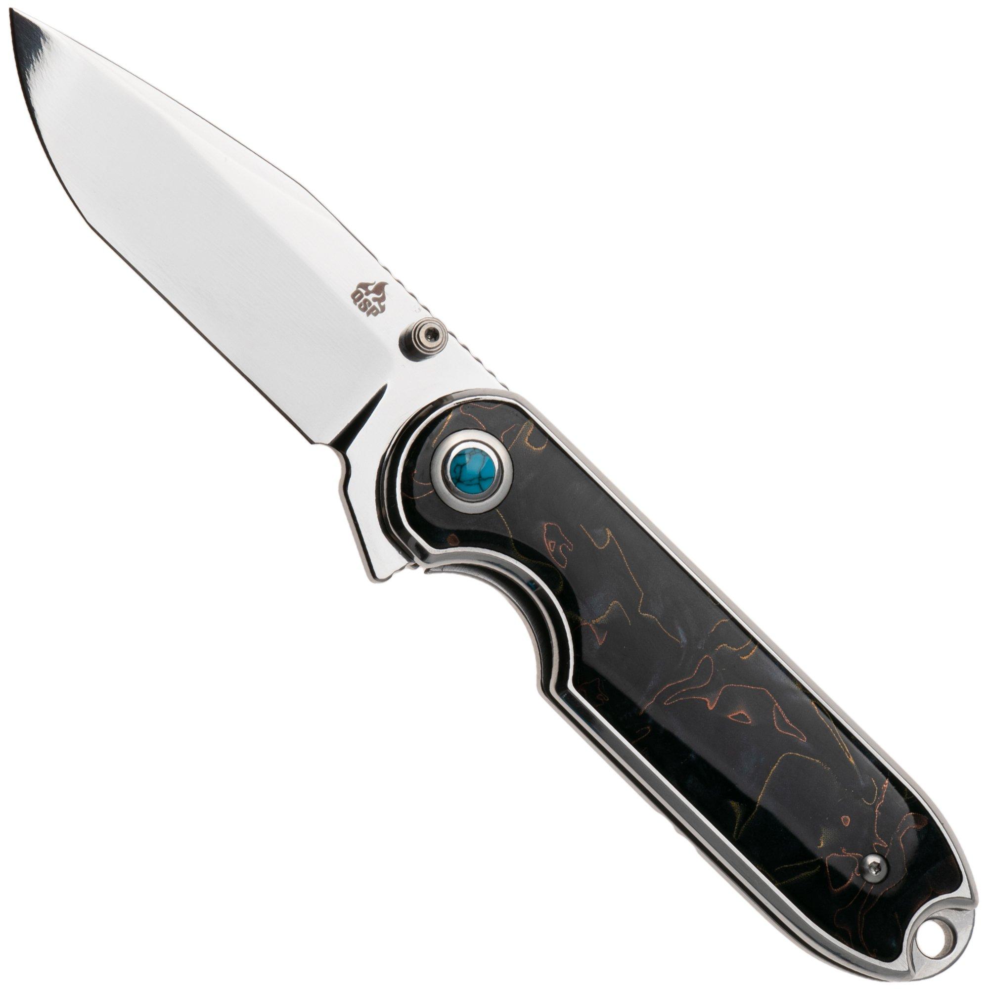 QSP Knife Nebula QS168-E Mirror Polish 14C28N Brass Copper Mesh Resin, couteau de poche
