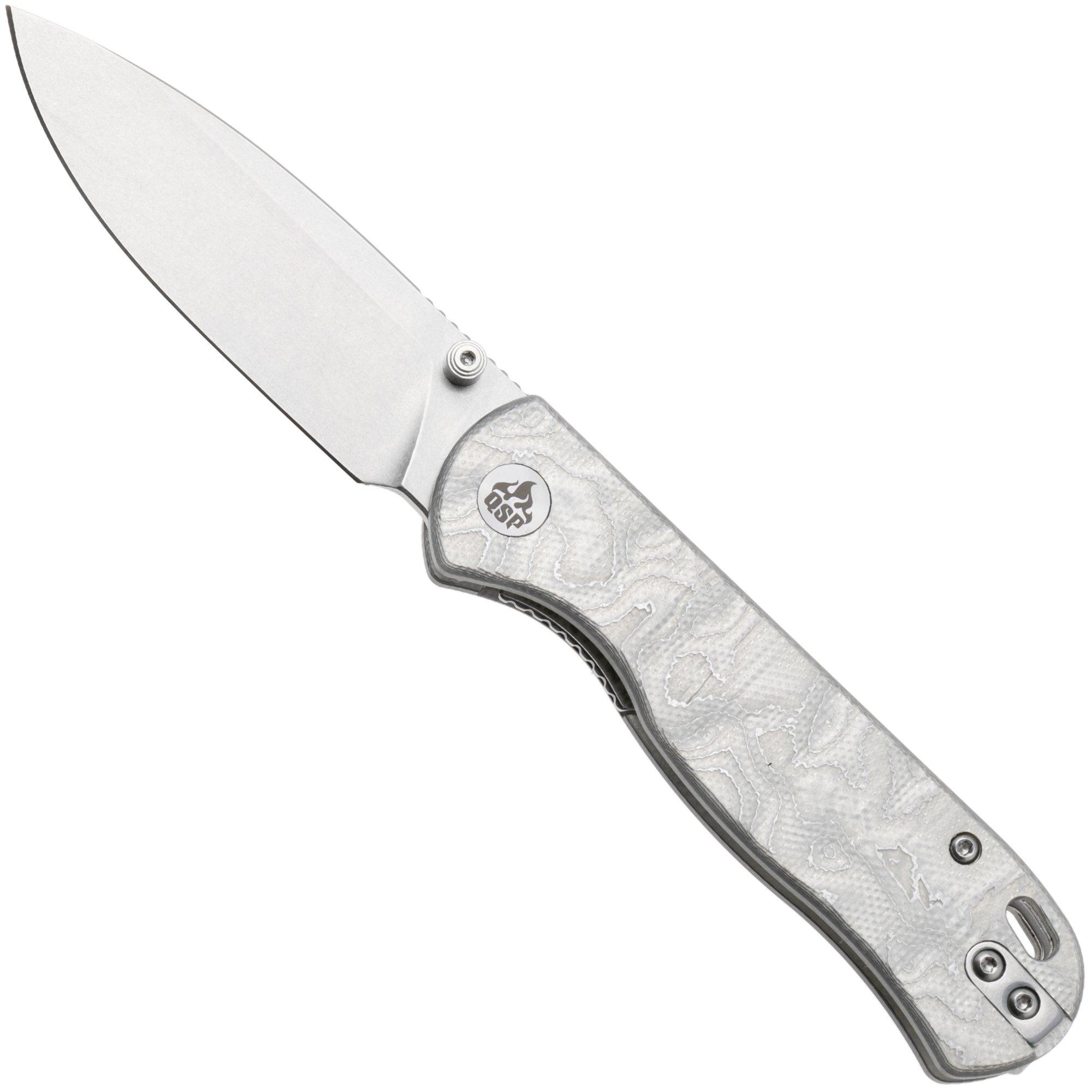 QSP Knife Ferret QS170-D1, Stonewashed Nitro-V, White Aluminum Foil G10 zakmes