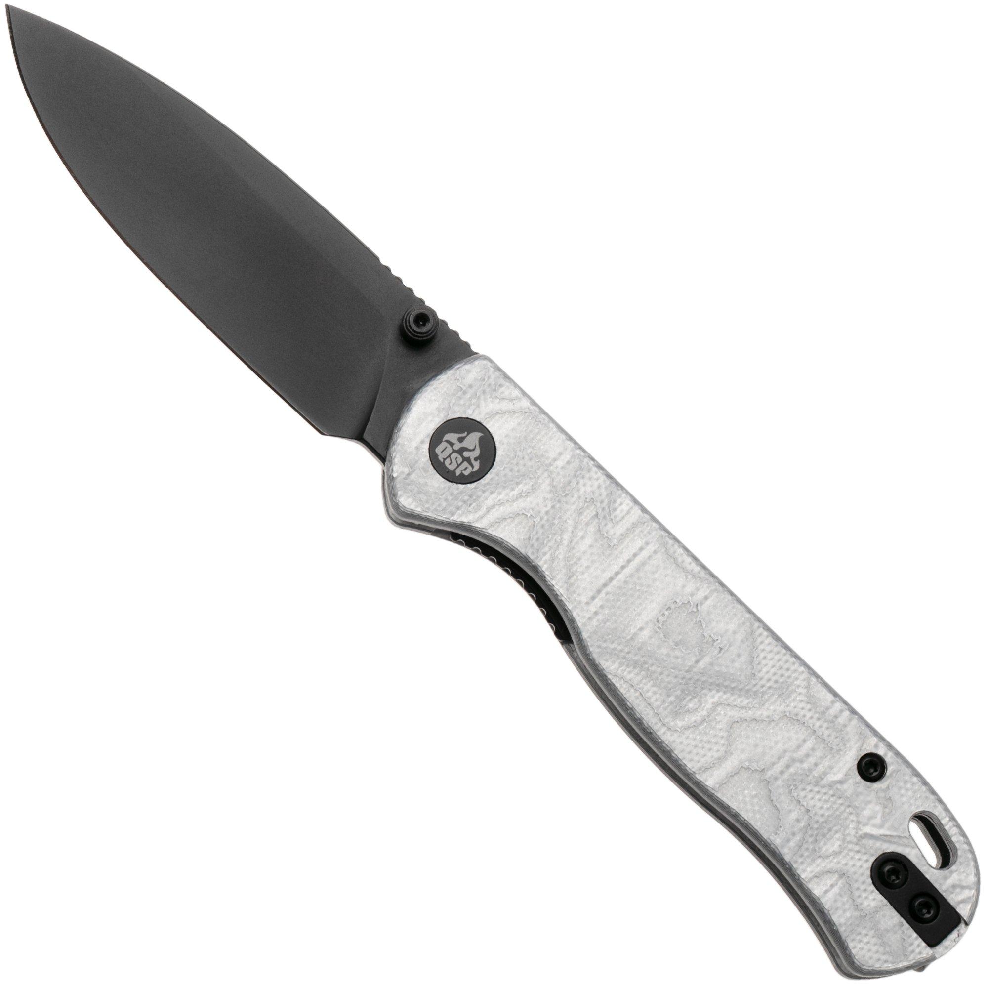 QSP Knife Ferret QS170-D2, Black Nitro-V, White Aluminum Foil G10 zakmes